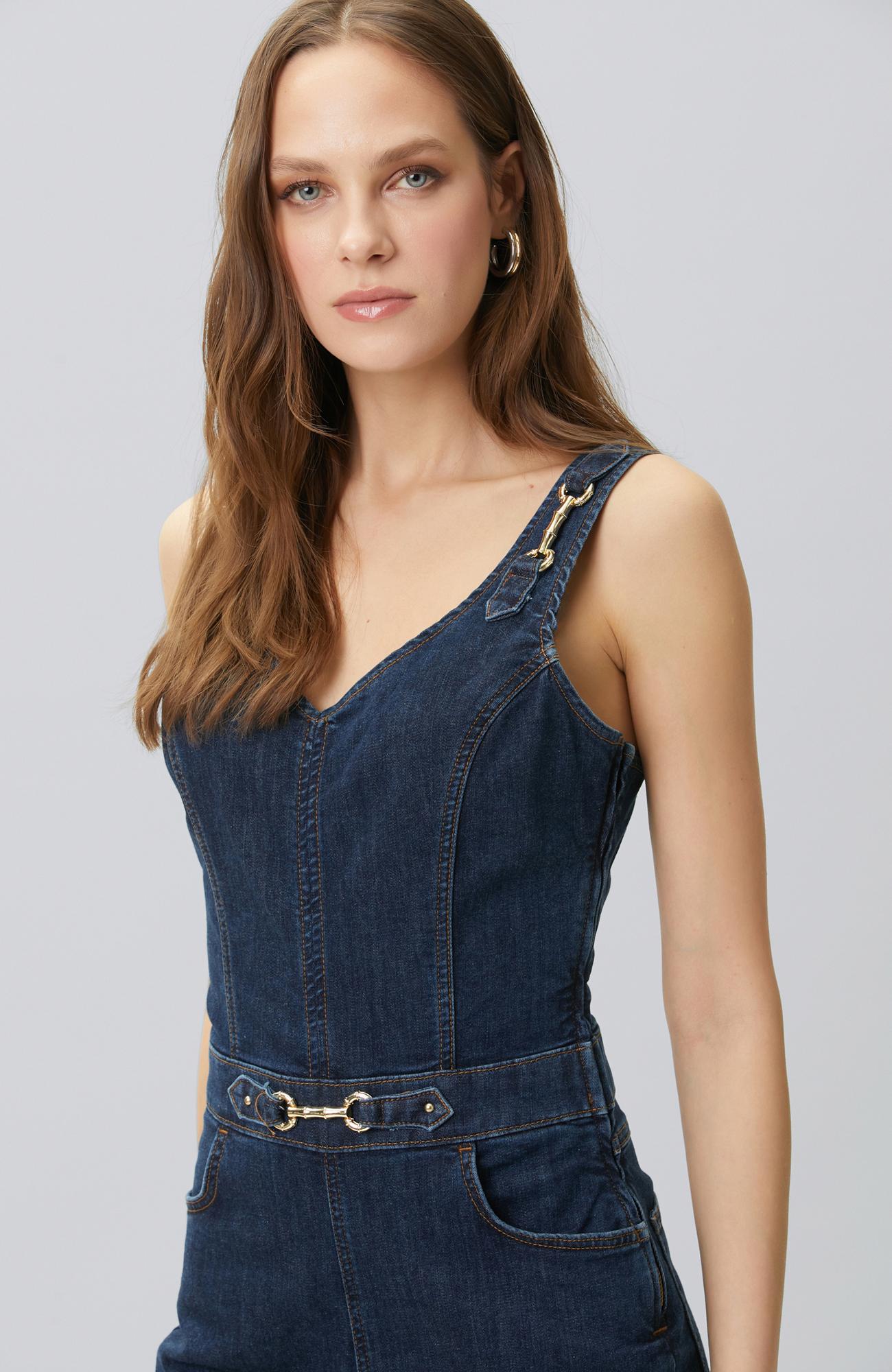 Network Kadın İndigo Aksesuarlı Denim Tulum