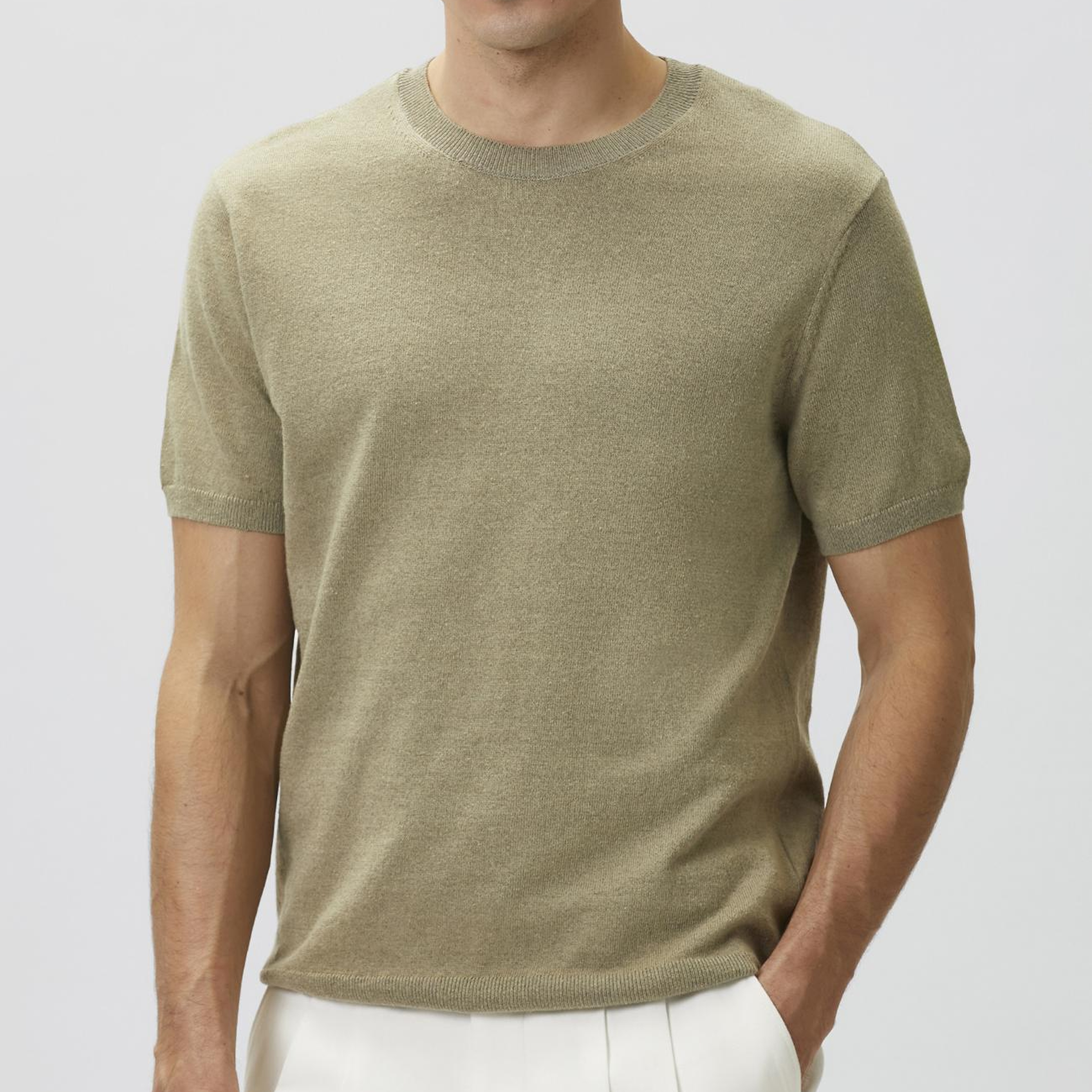Network Erkek Slim Fit Açık Haki Keten Karışımlı Kazak