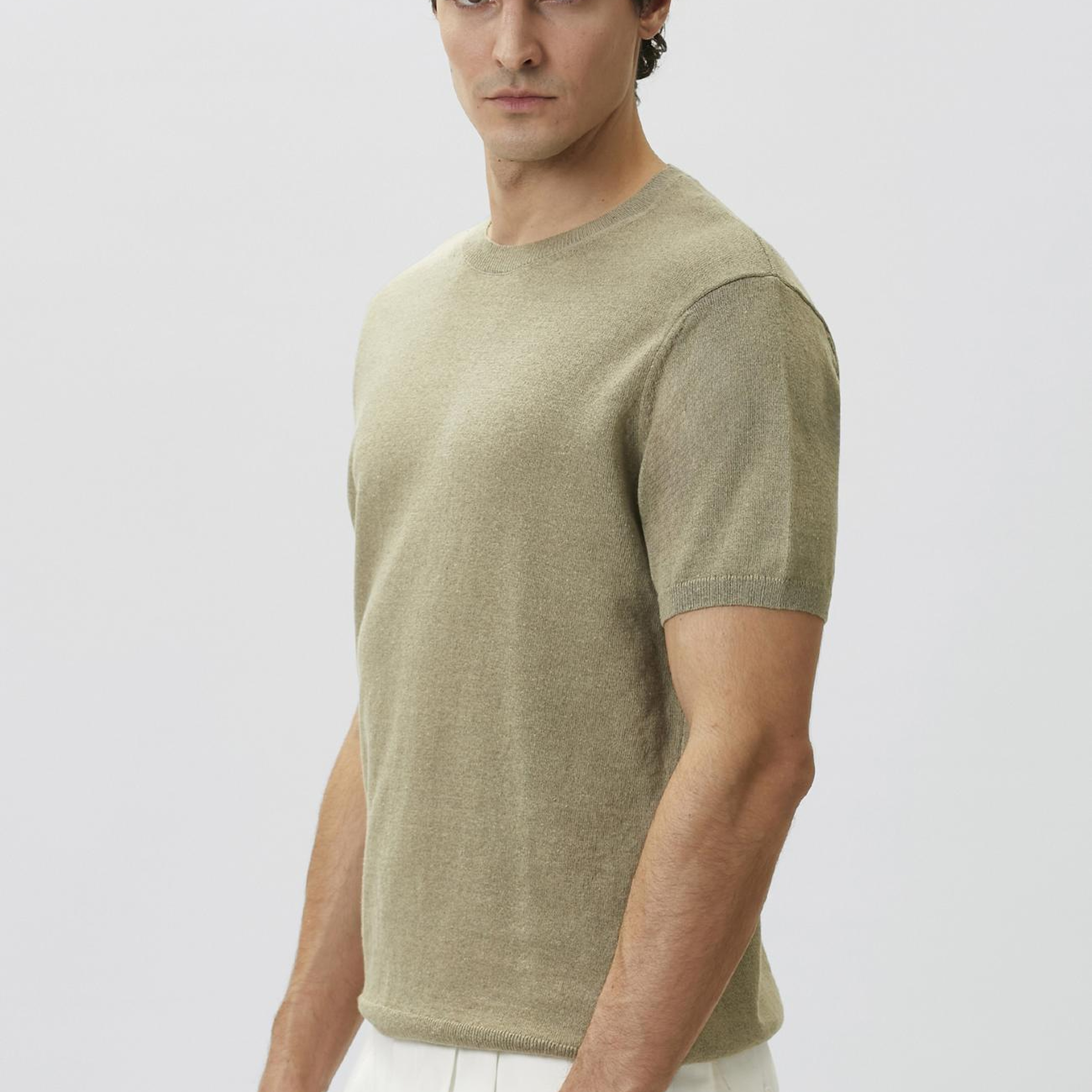 Network Erkek Slim Fit Açık Haki Keten Karışımlı Kazak