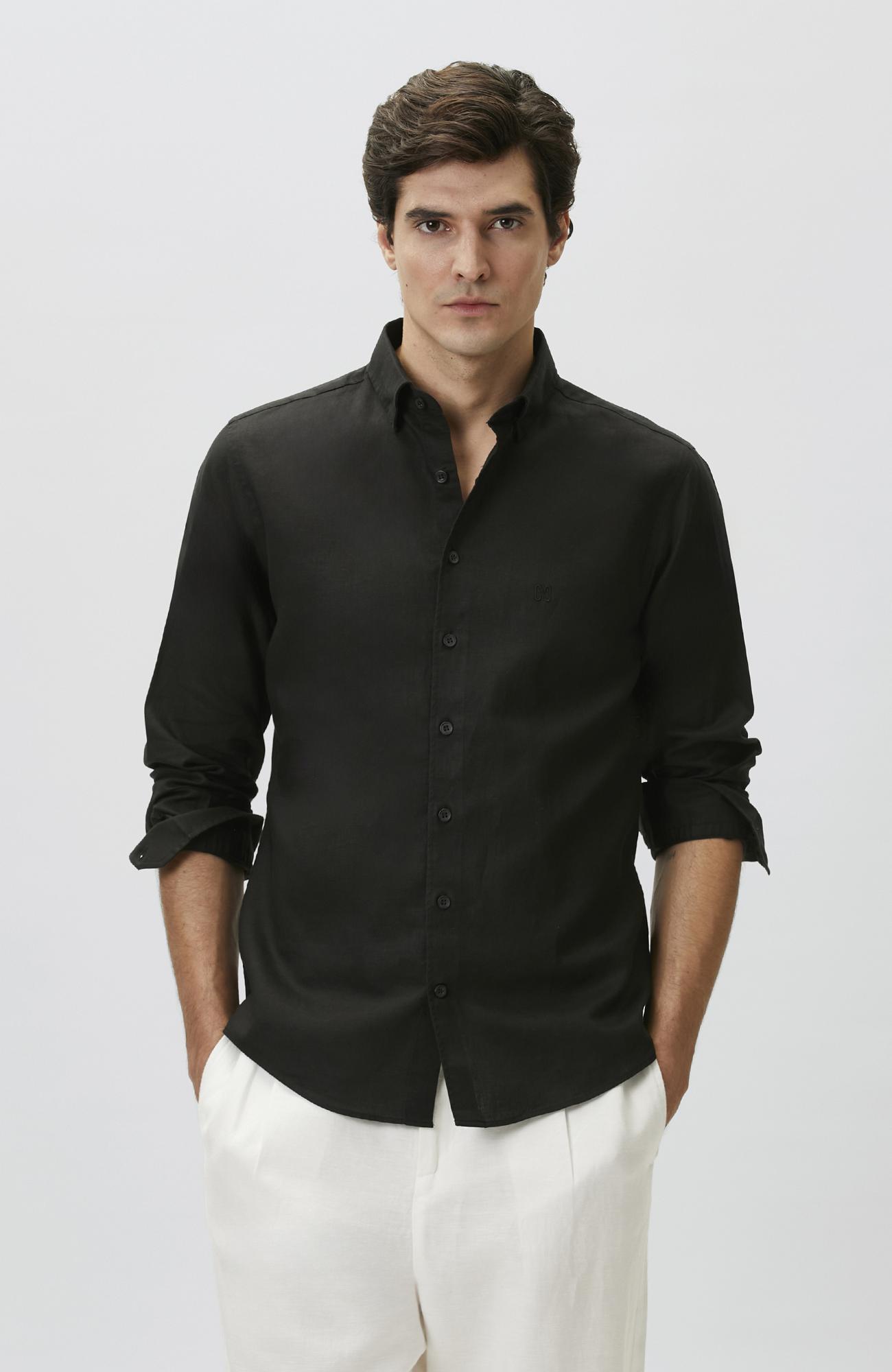 Network Erkek Slim Fit Siyah Keten Gömlek
