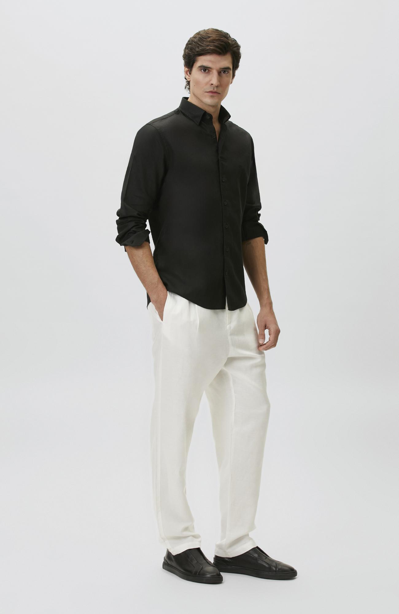 Network Erkek Slim Fit Siyah Keten Gömlek