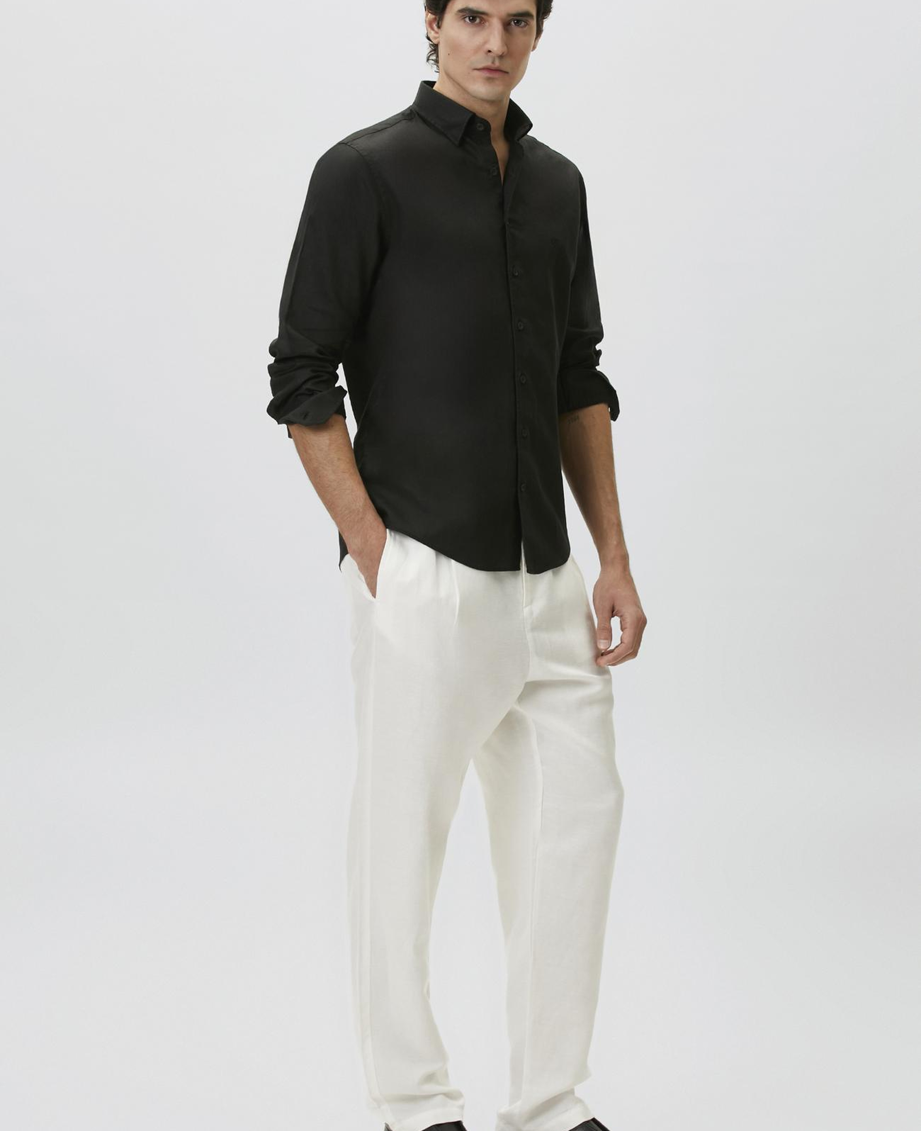 Network Erkek Slim Fit Siyah Keten Gömlek