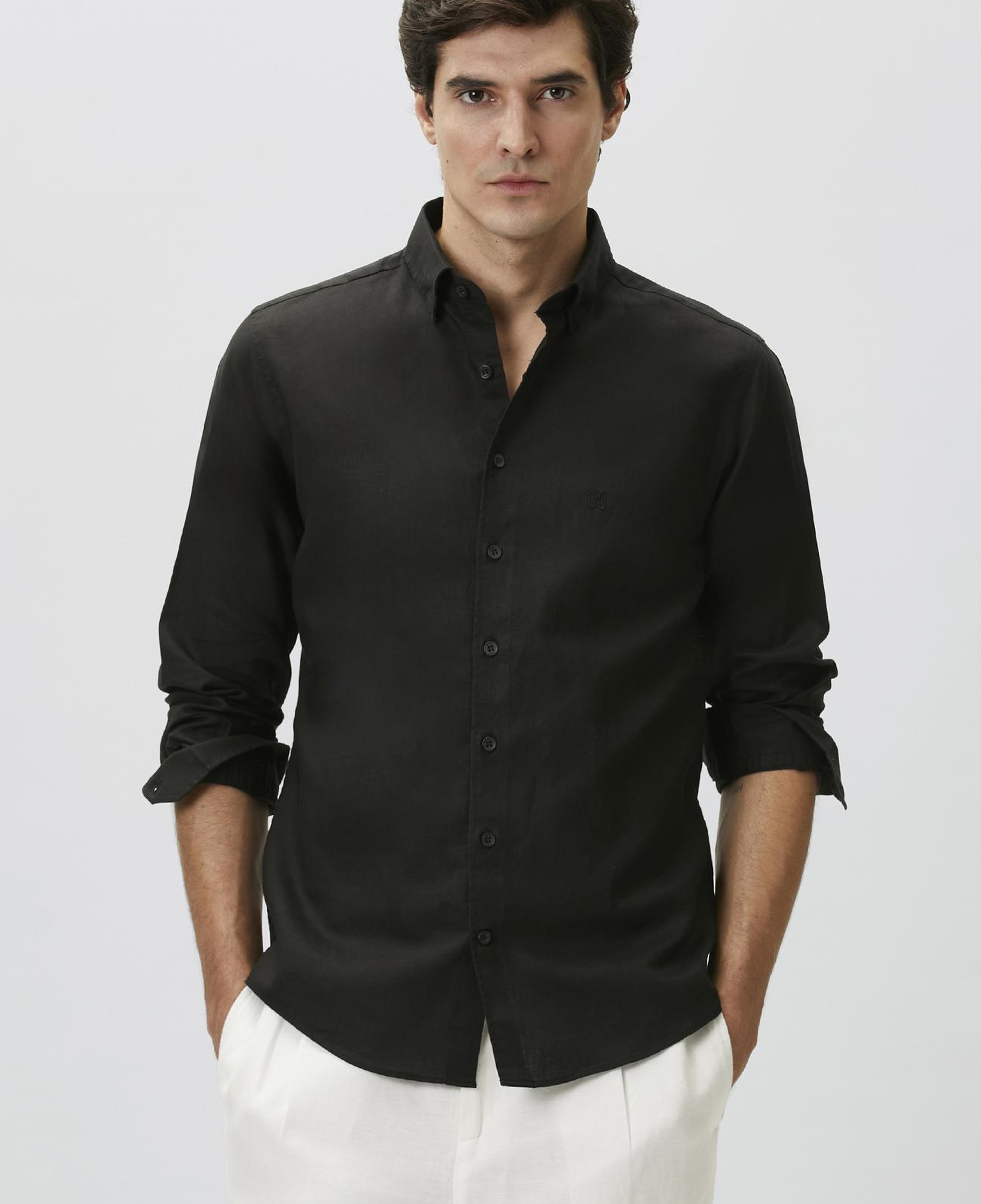 Network Erkek Slim Fit Siyah Keten Gömlek