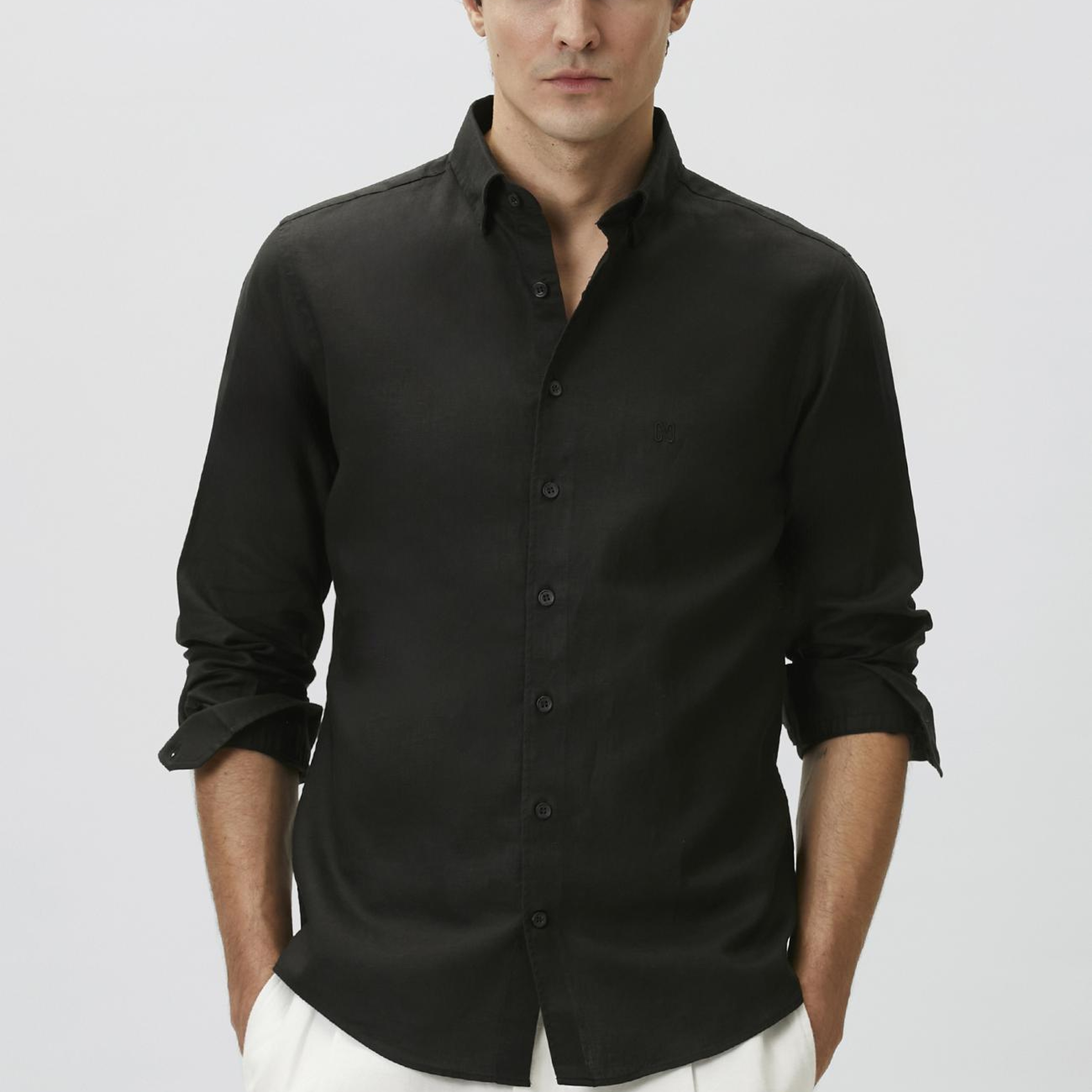 Network Erkek Slim Fit Siyah Keten Gömlek