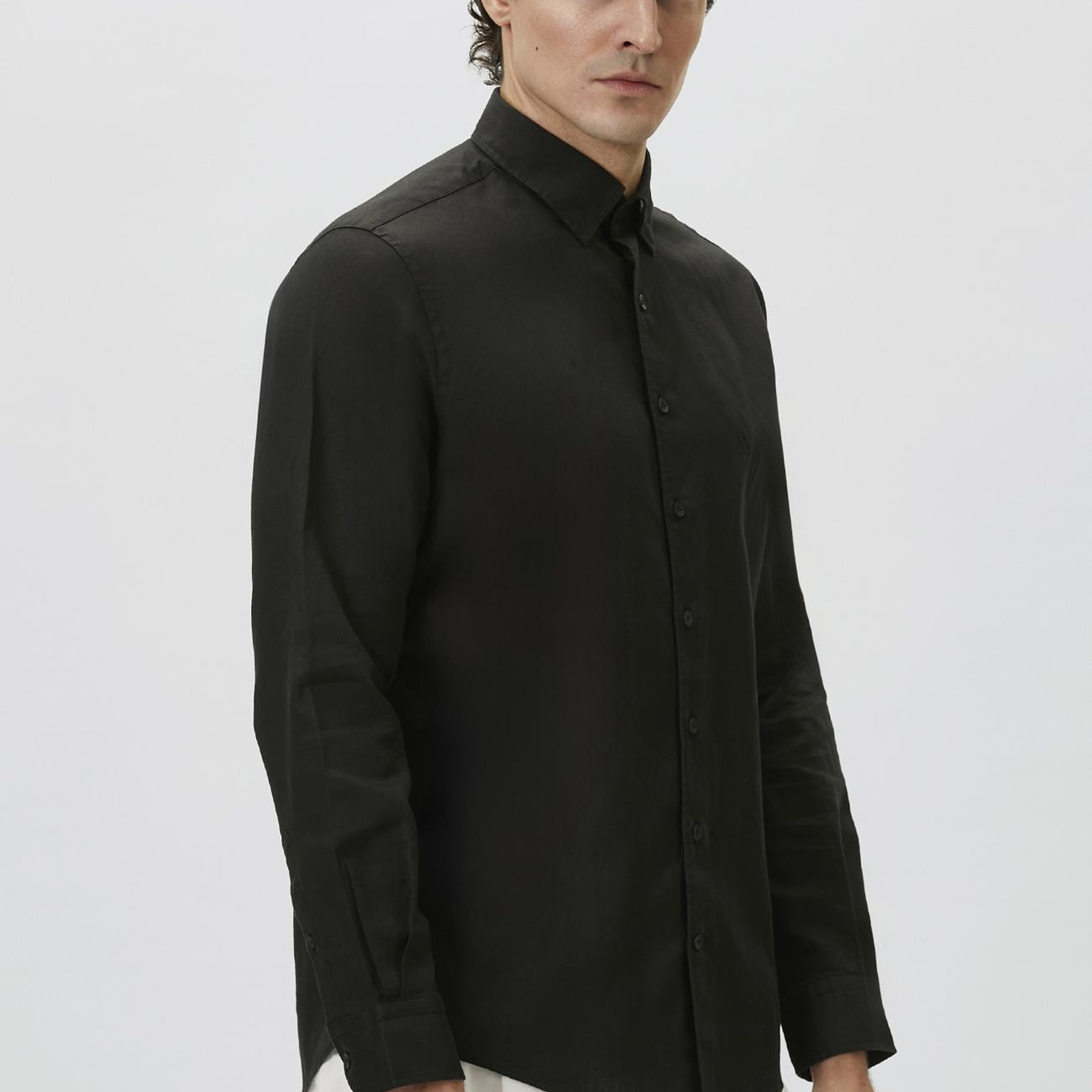Network Erkek Slim Fit Siyah Keten Gömlek