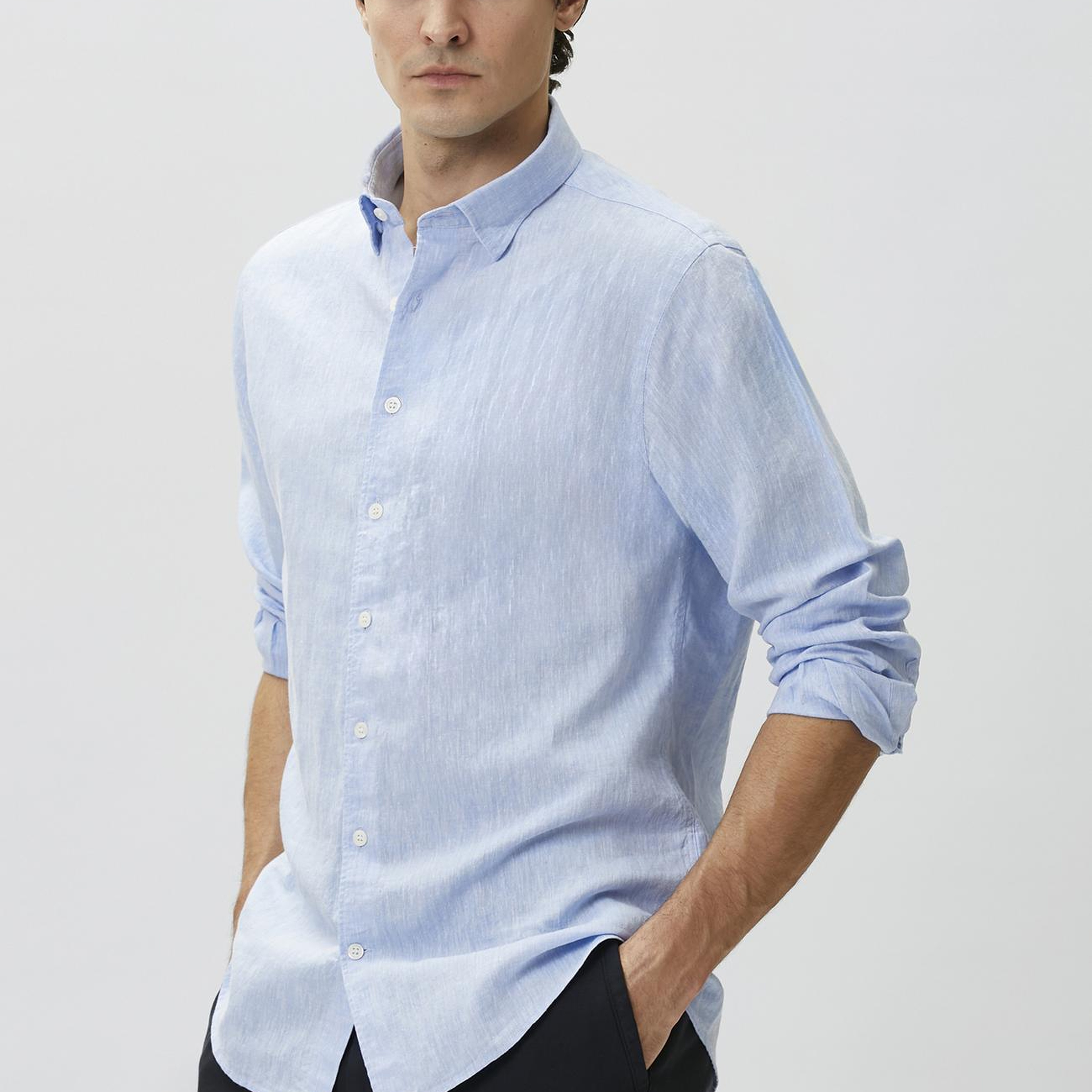 Network Erkek Slim Fit Açık Mavi Keten Gömlek