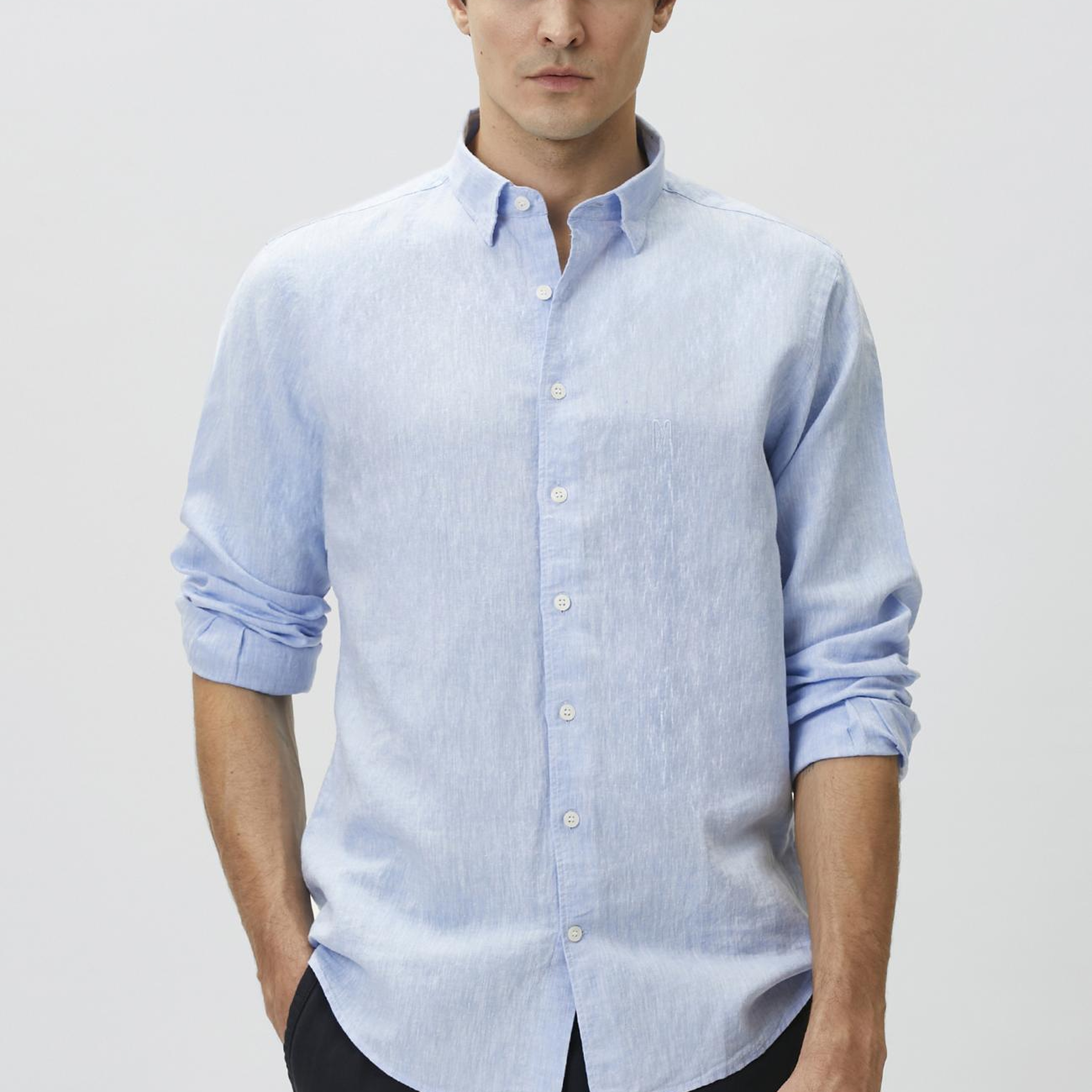 Network Erkek Slim Fit Açık Mavi Keten Gömlek