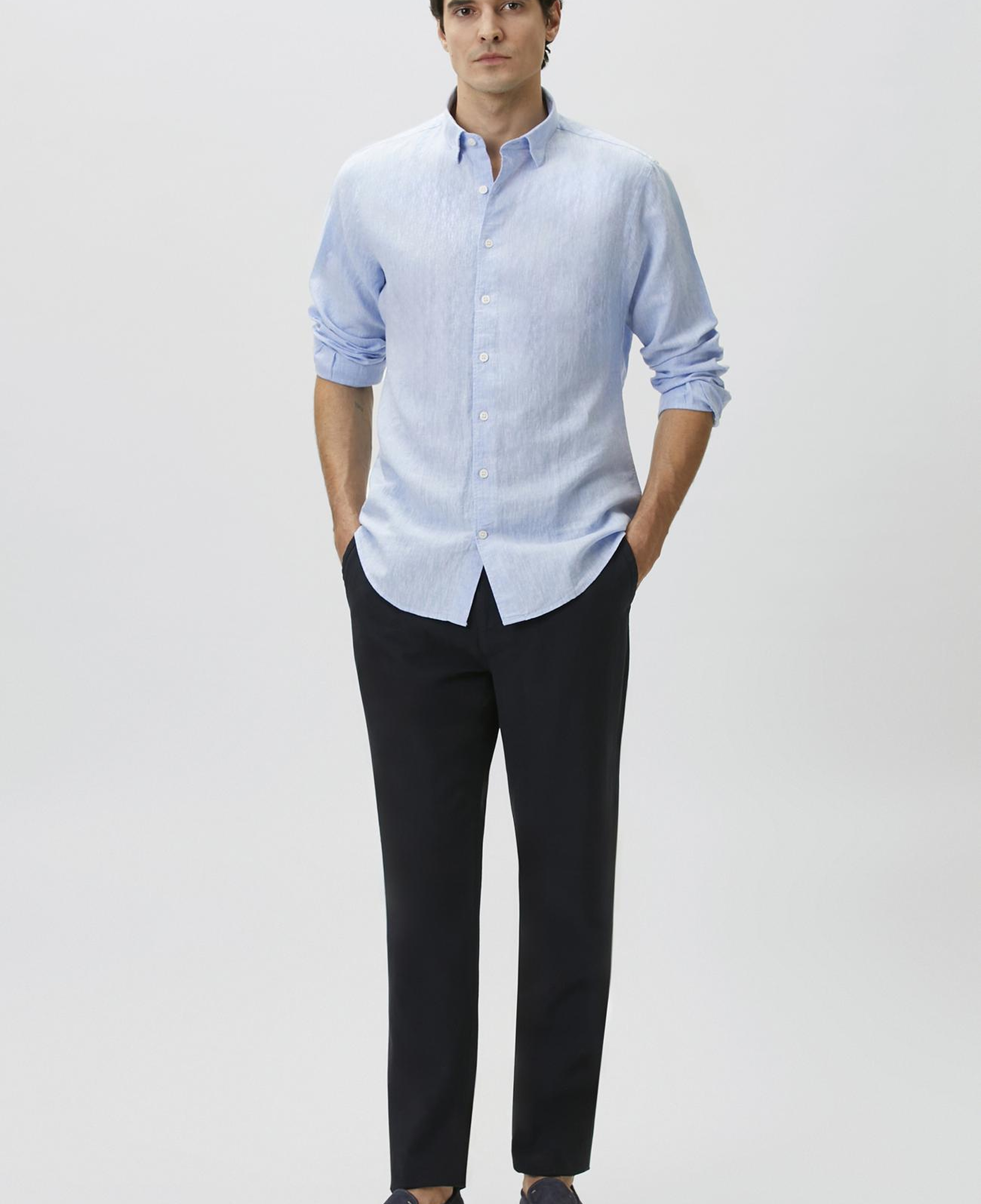 Network Erkek Slim Fit Açık Mavi Keten Gömlek