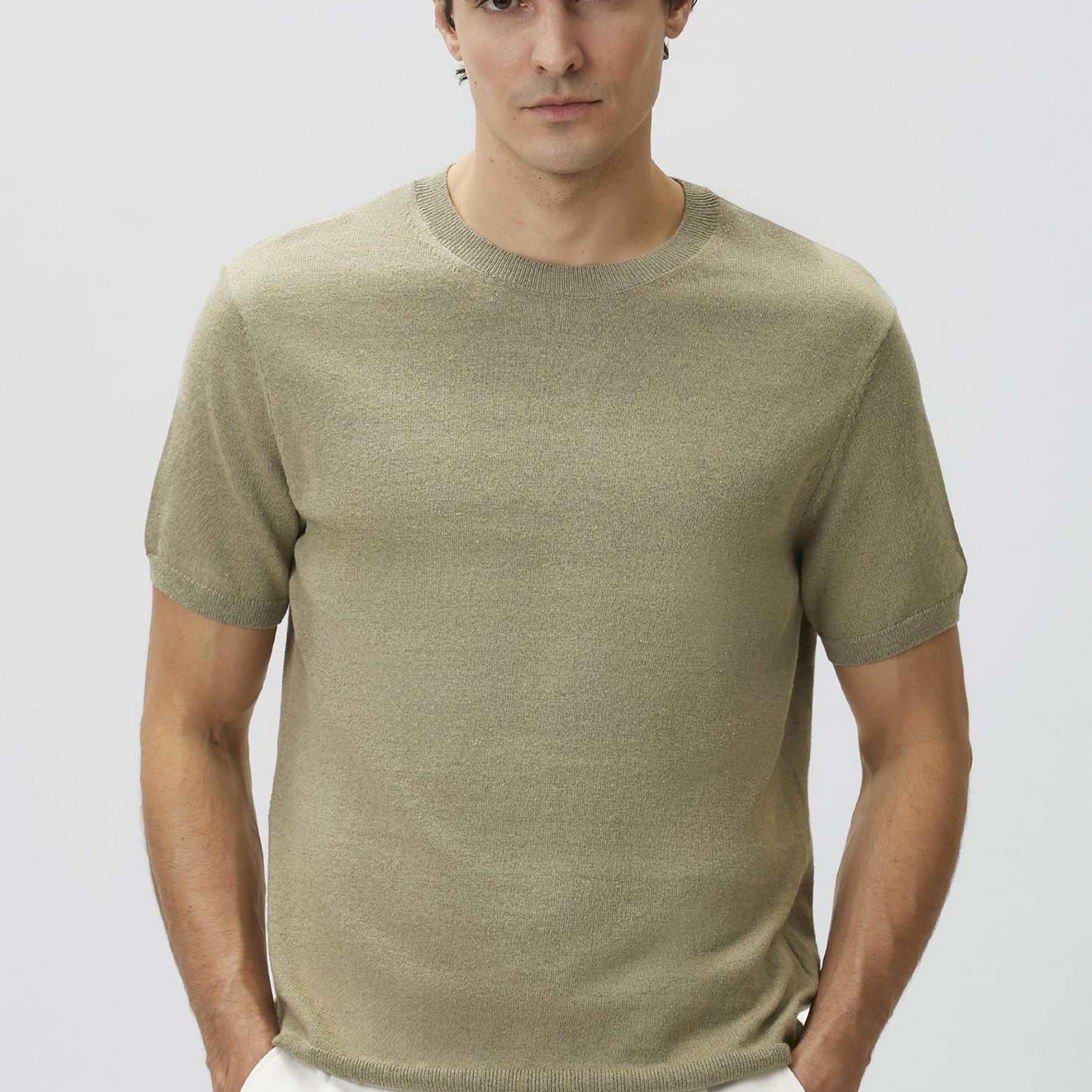 Network Erkek Slim Fit Açık Haki Keten Karışımlı Kazak