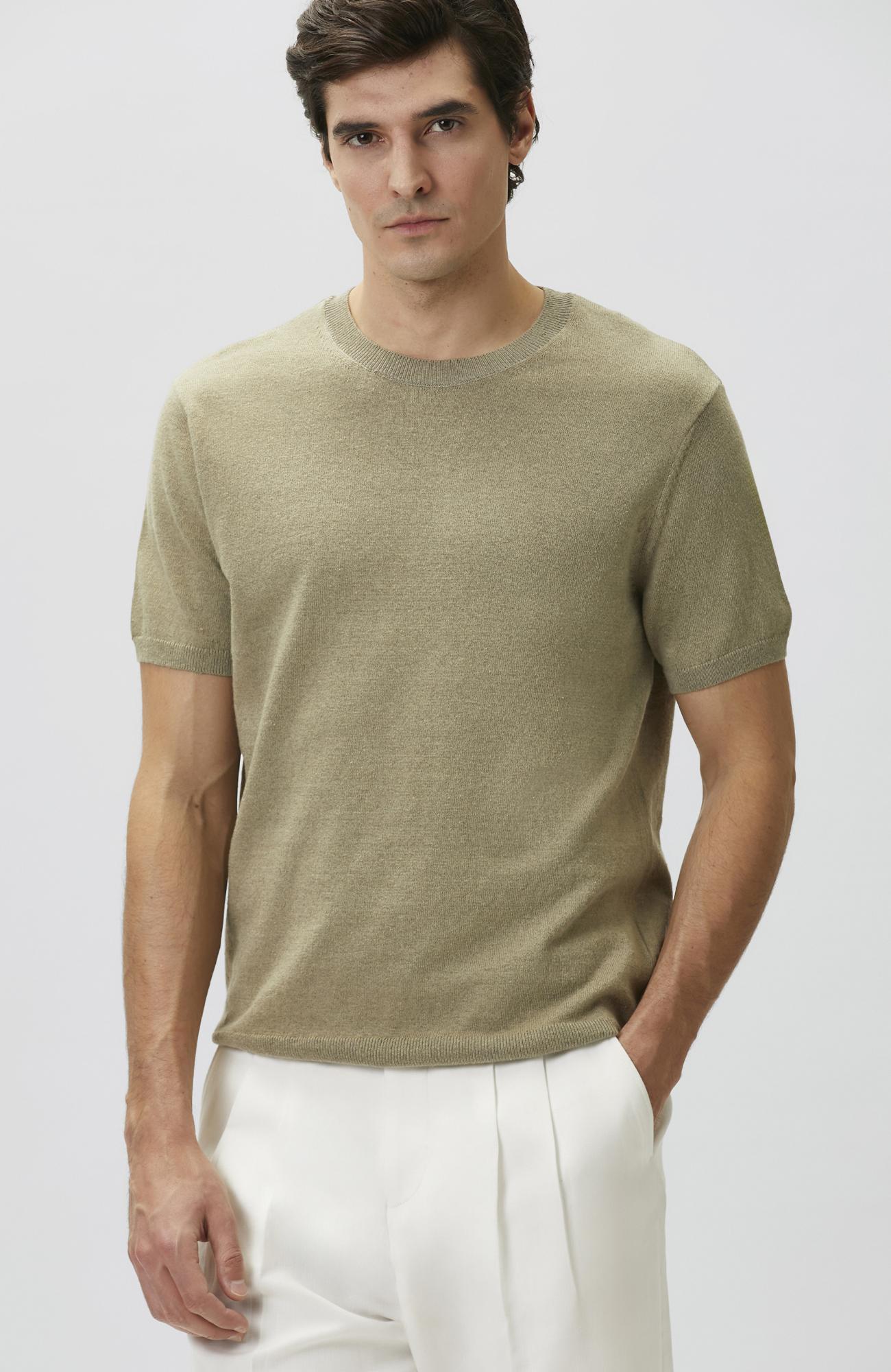 Network Erkek Slim Fit Açık Haki Keten Karışımlı Kazak
