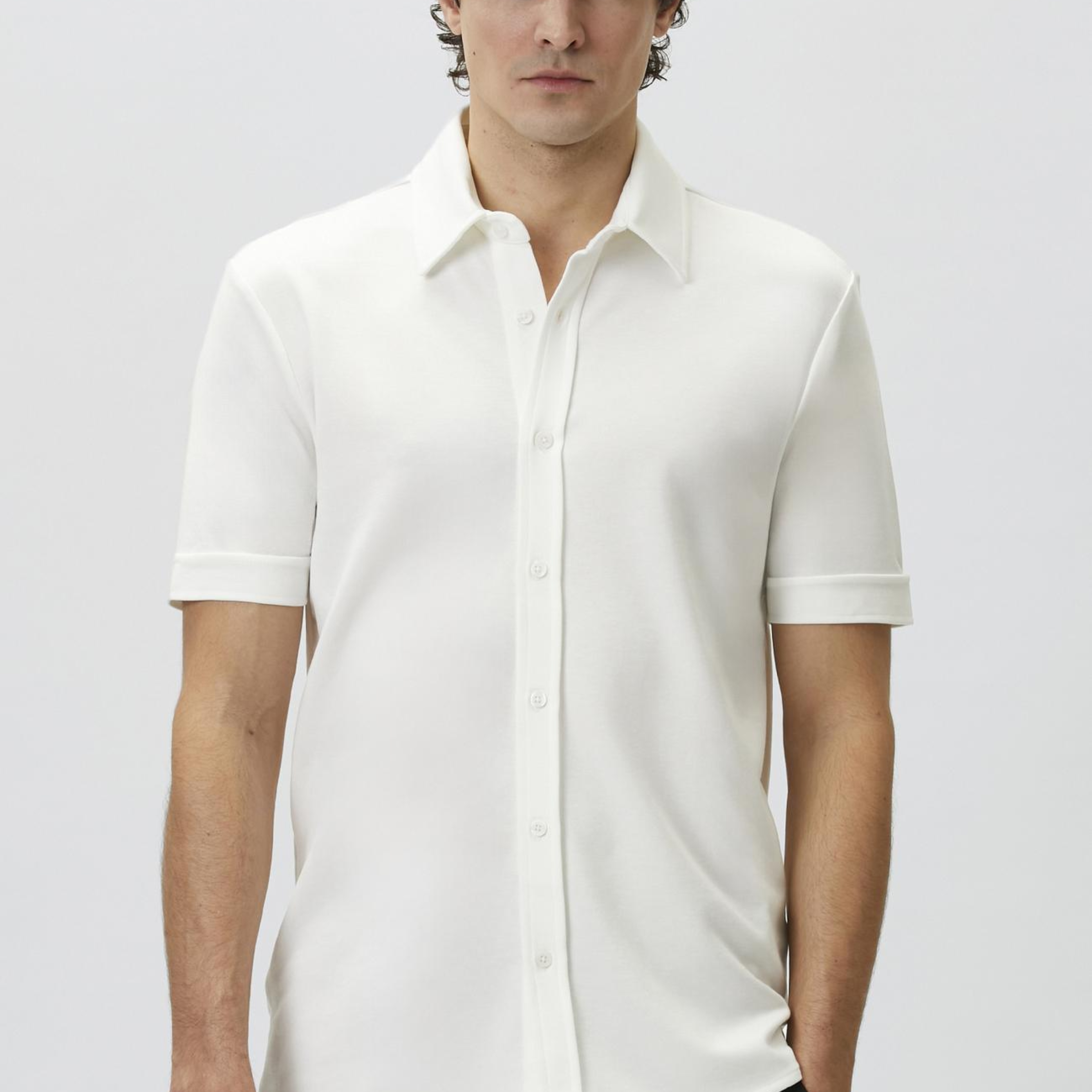 Network Erkek Slim Fit Kırık Beyaz Kısa Kol Örme Gömlek