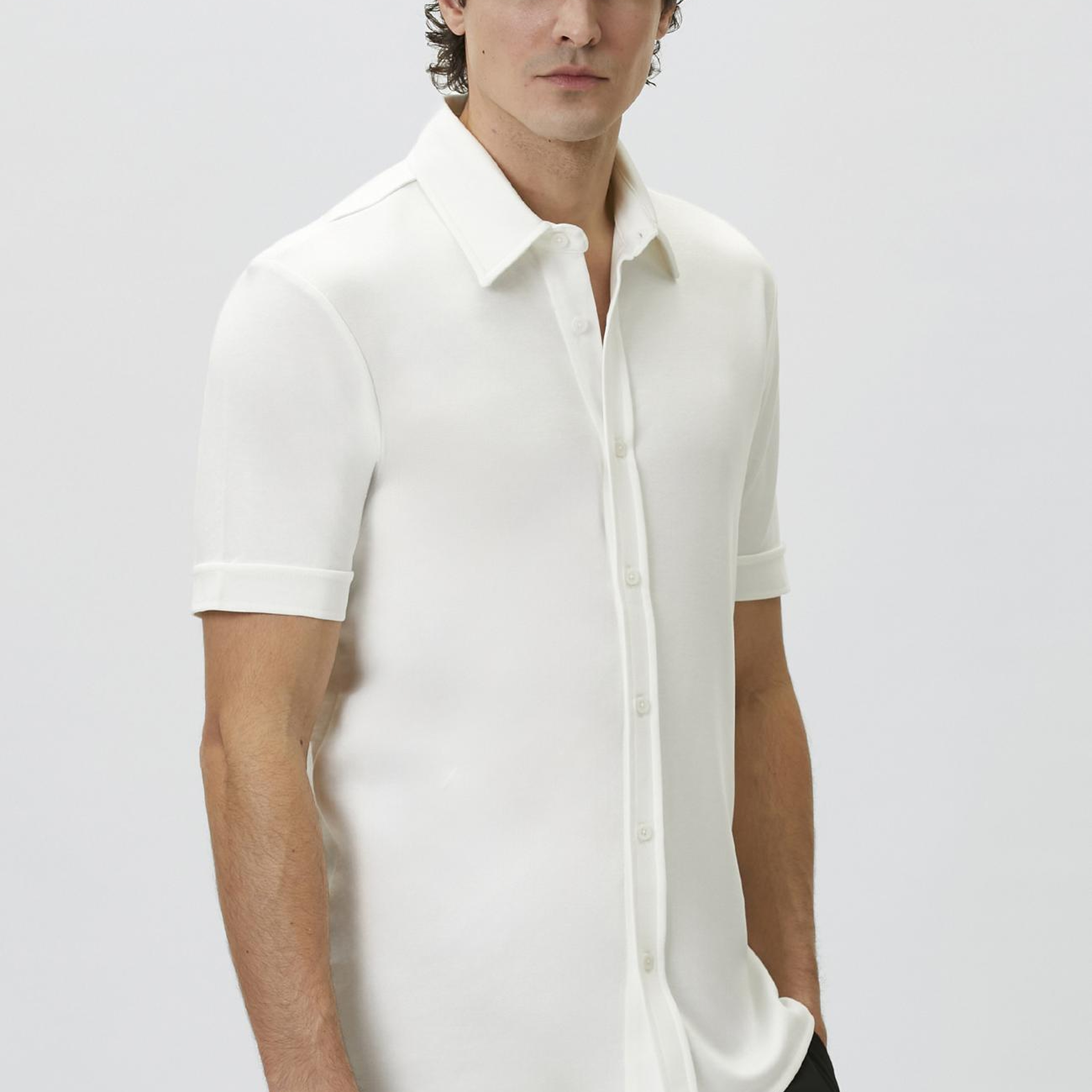 Network Erkek Slim Fit Kırık Beyaz Kısa Kol Örme Gömlek