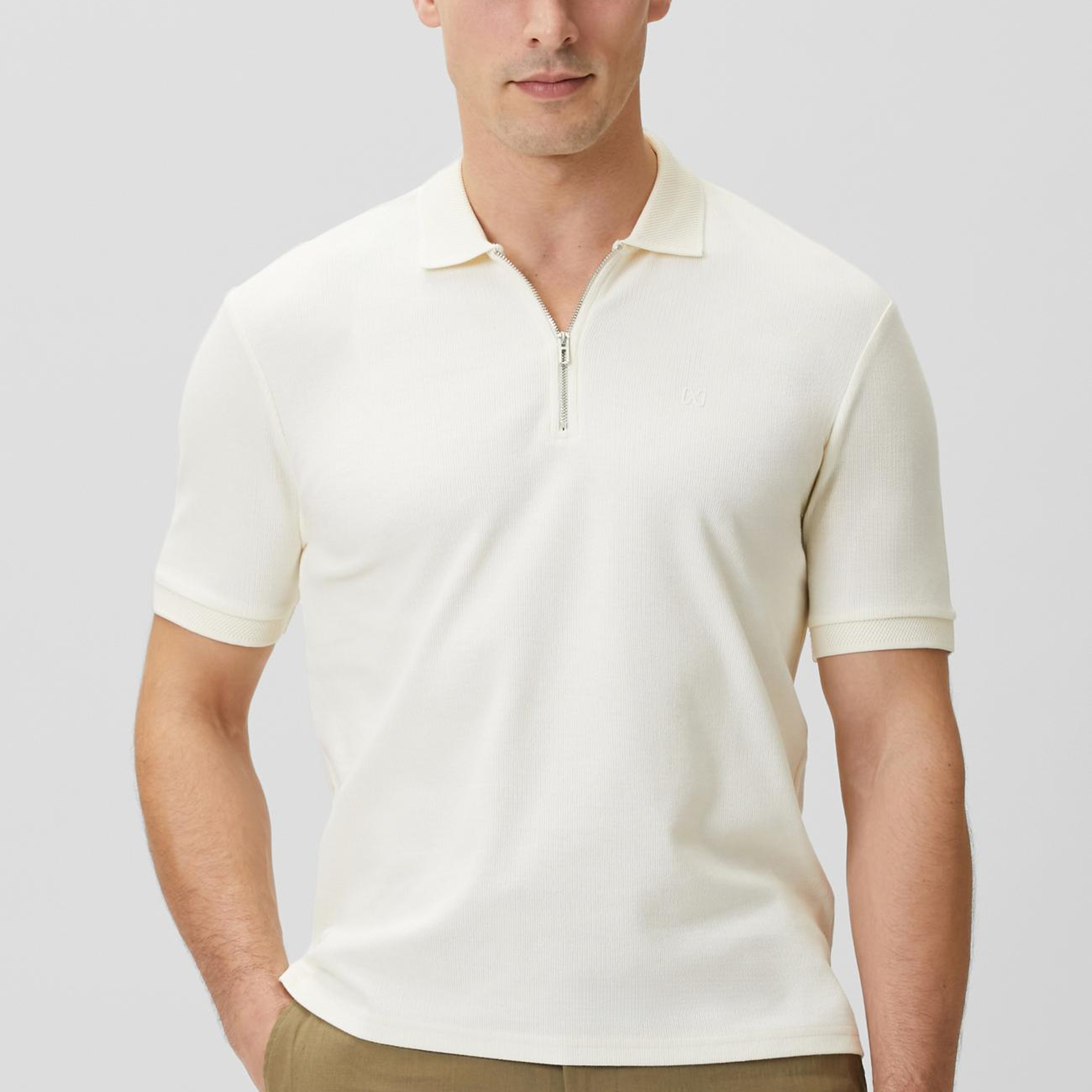 Network Erkek Kırık Beyaz Fermuarlı Polo Yaka Jakarlı T-shirt