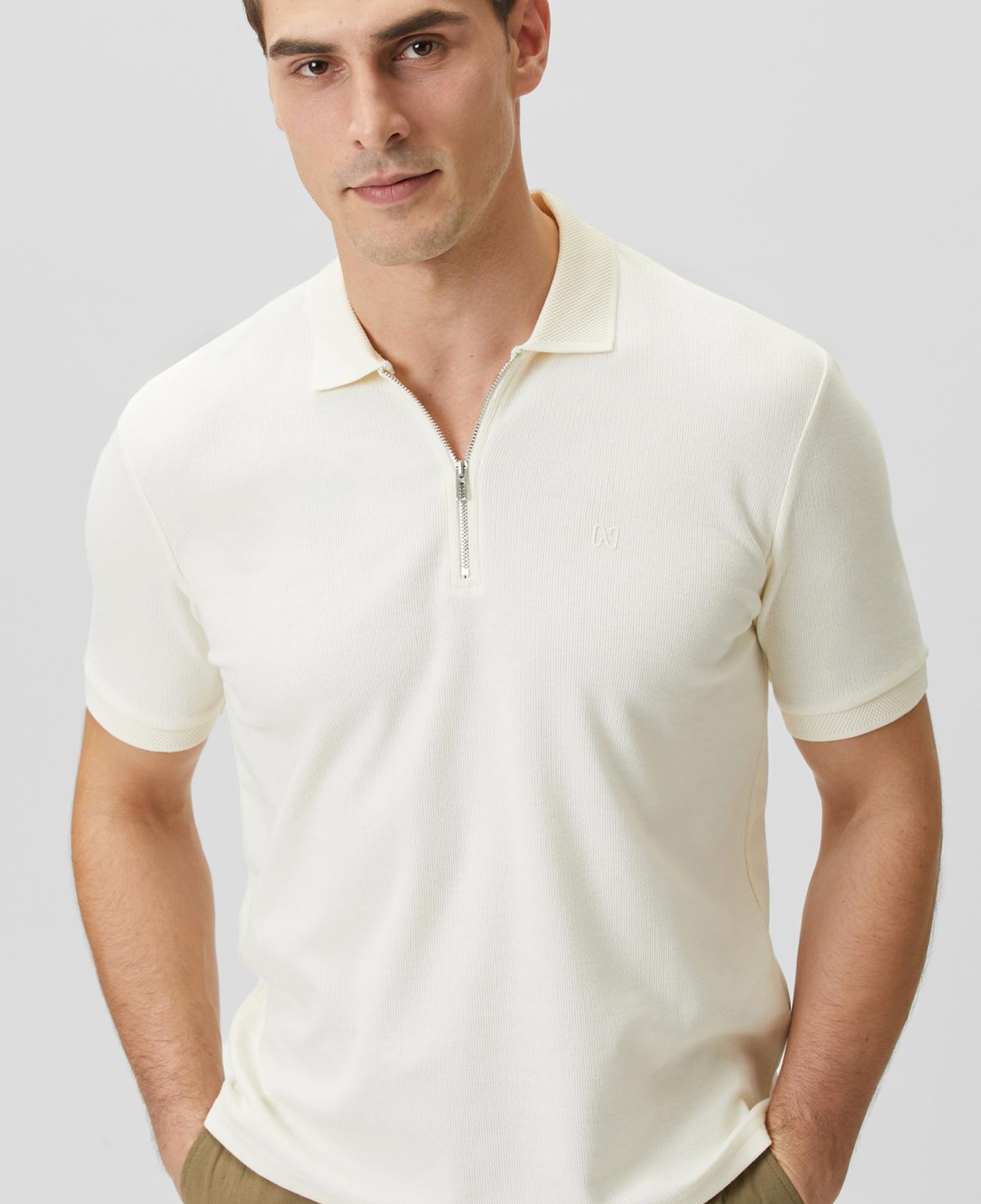 Network Erkek Kırık Beyaz Fermuarlı Polo Yaka Jakarlı T-shirt