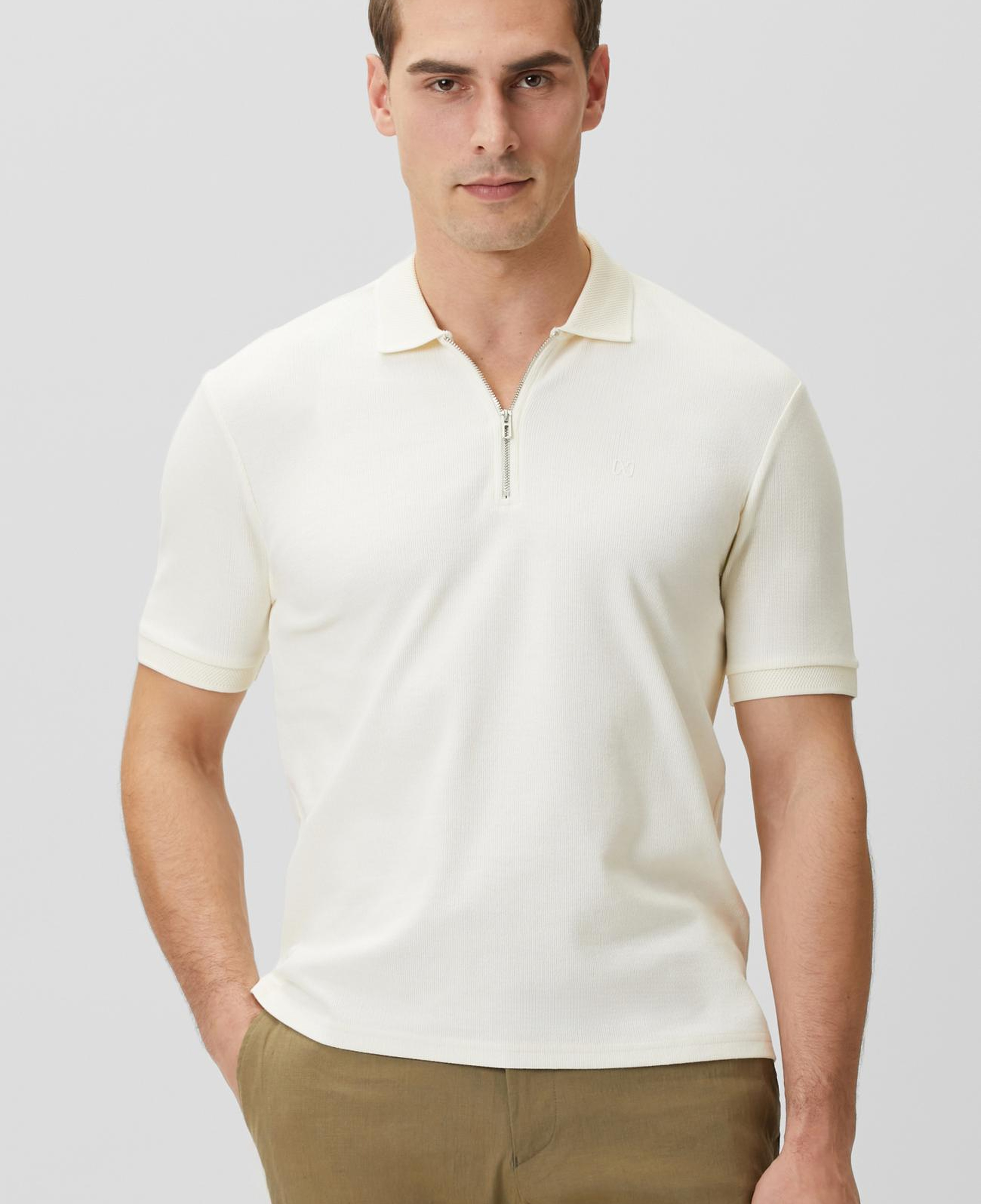 Network Erkek Kırık Beyaz Fermuarlı Polo Yaka Jakarlı T-shirt