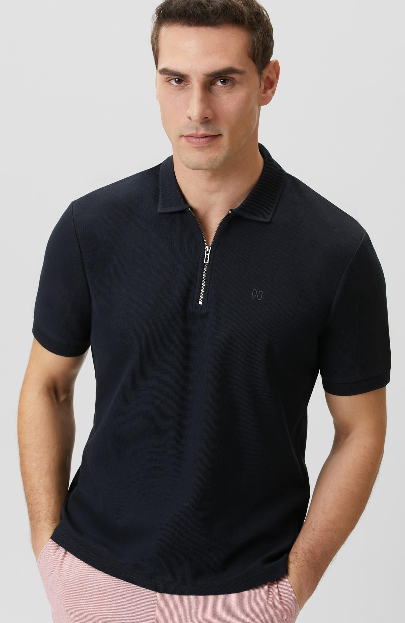 Network Erkek Lacivert Fermuarlı Polo Yaka Jakarlı T-shirt