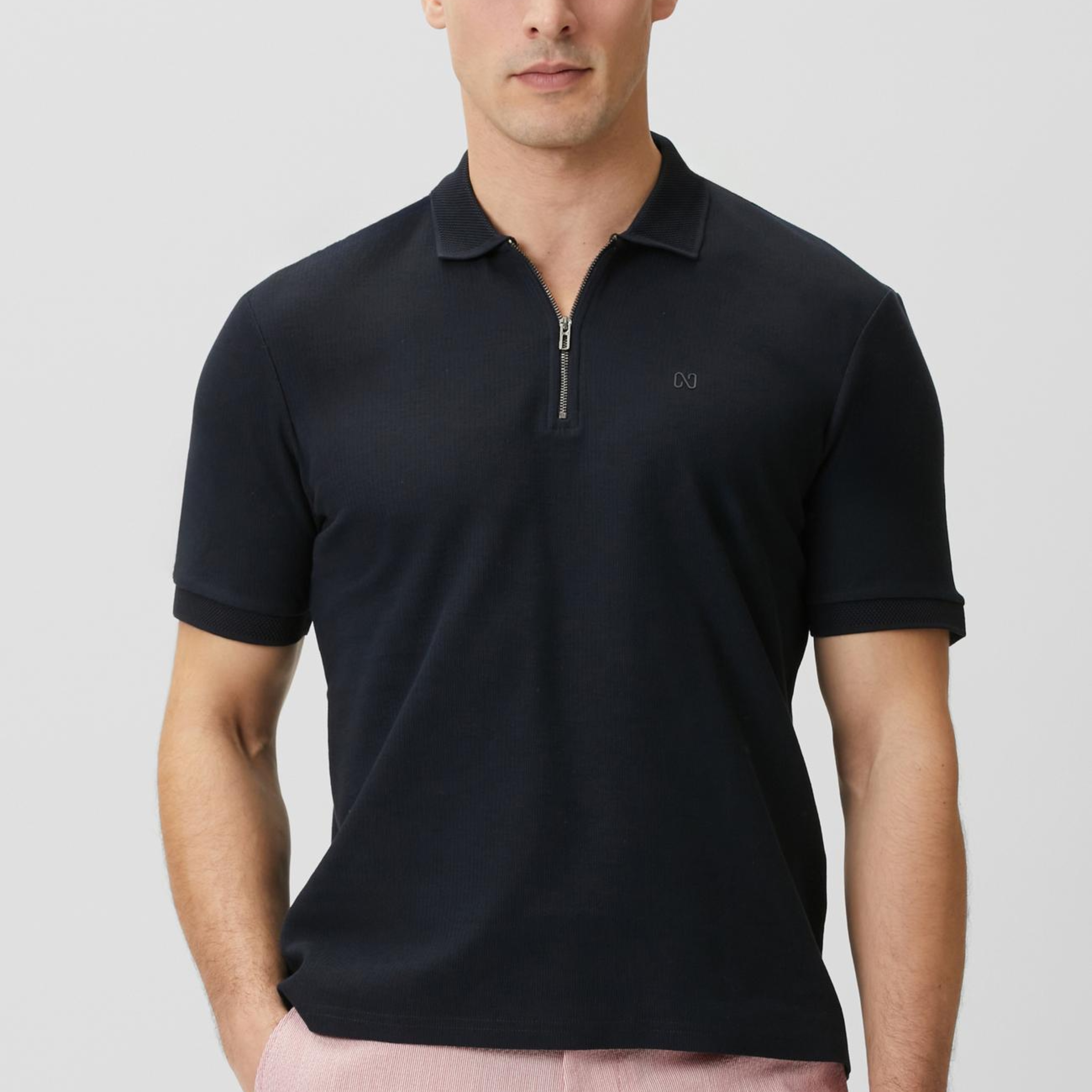 Network Erkek Lacivert Fermuarlı Polo Yaka Jakarlı T-shirt