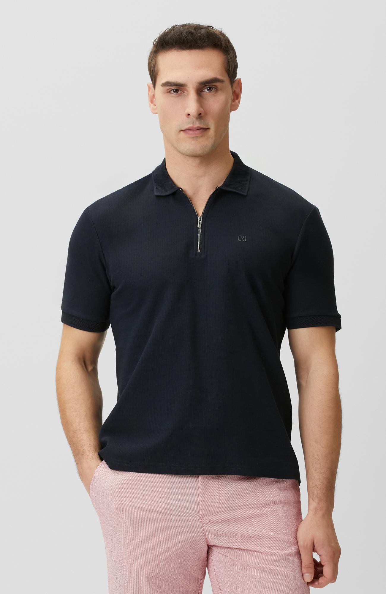 Network Erkek Lacivert Fermuarlı Polo Yaka Jakarlı T-shirt