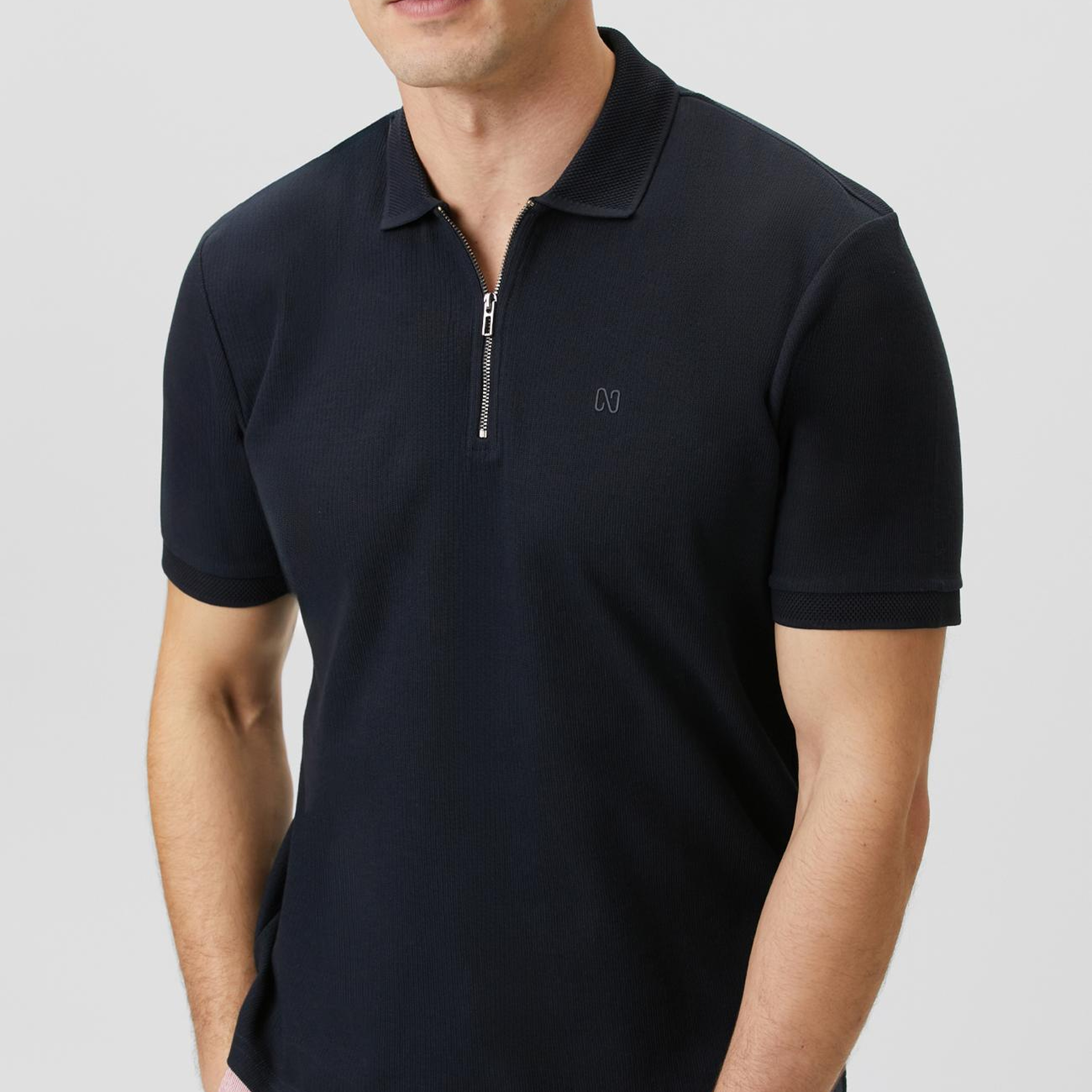 Network Erkek Lacivert Fermuarlı Polo Yaka Jakarlı T-shirt