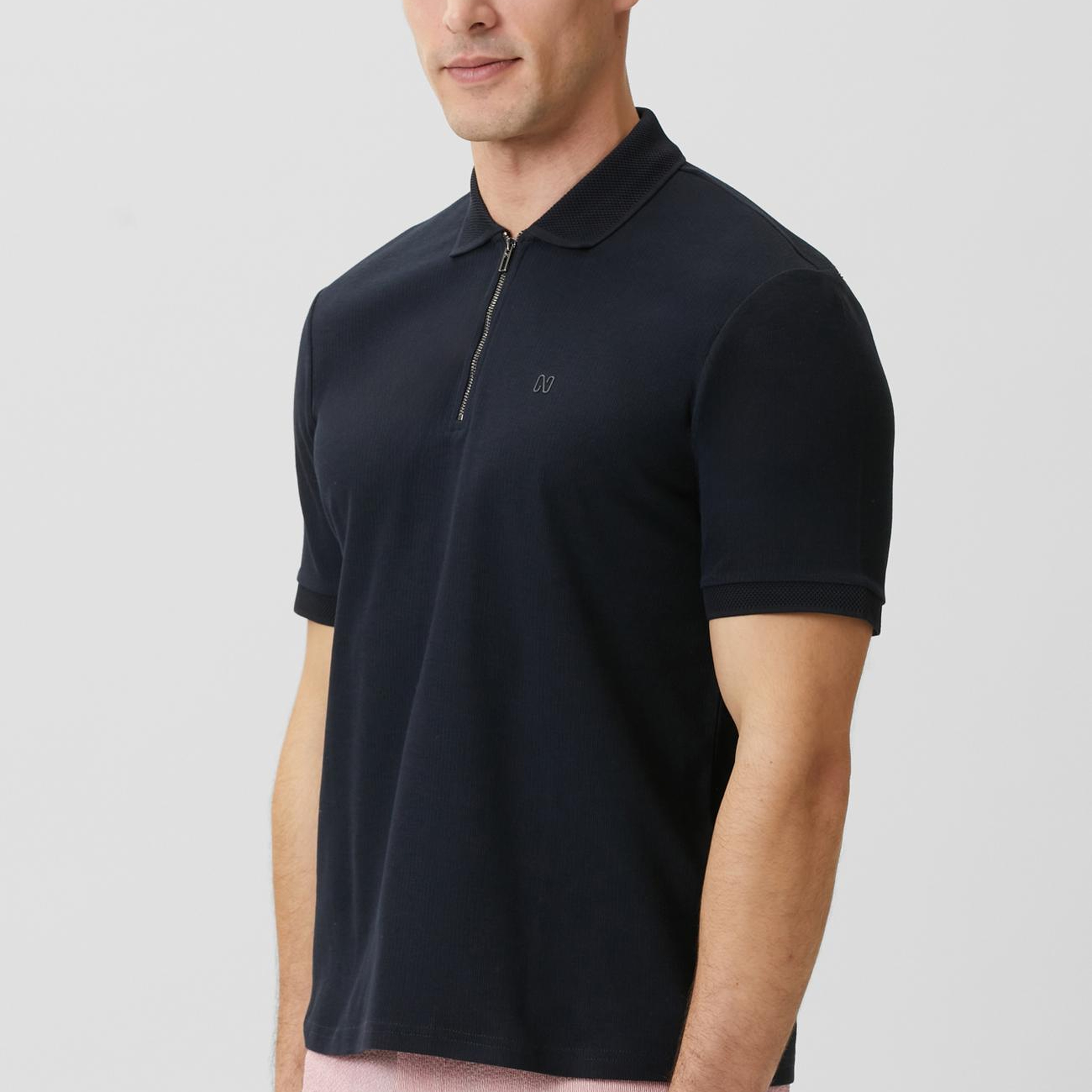 Network Erkek Lacivert Fermuarlı Polo Yaka Jakarlı T-shirt