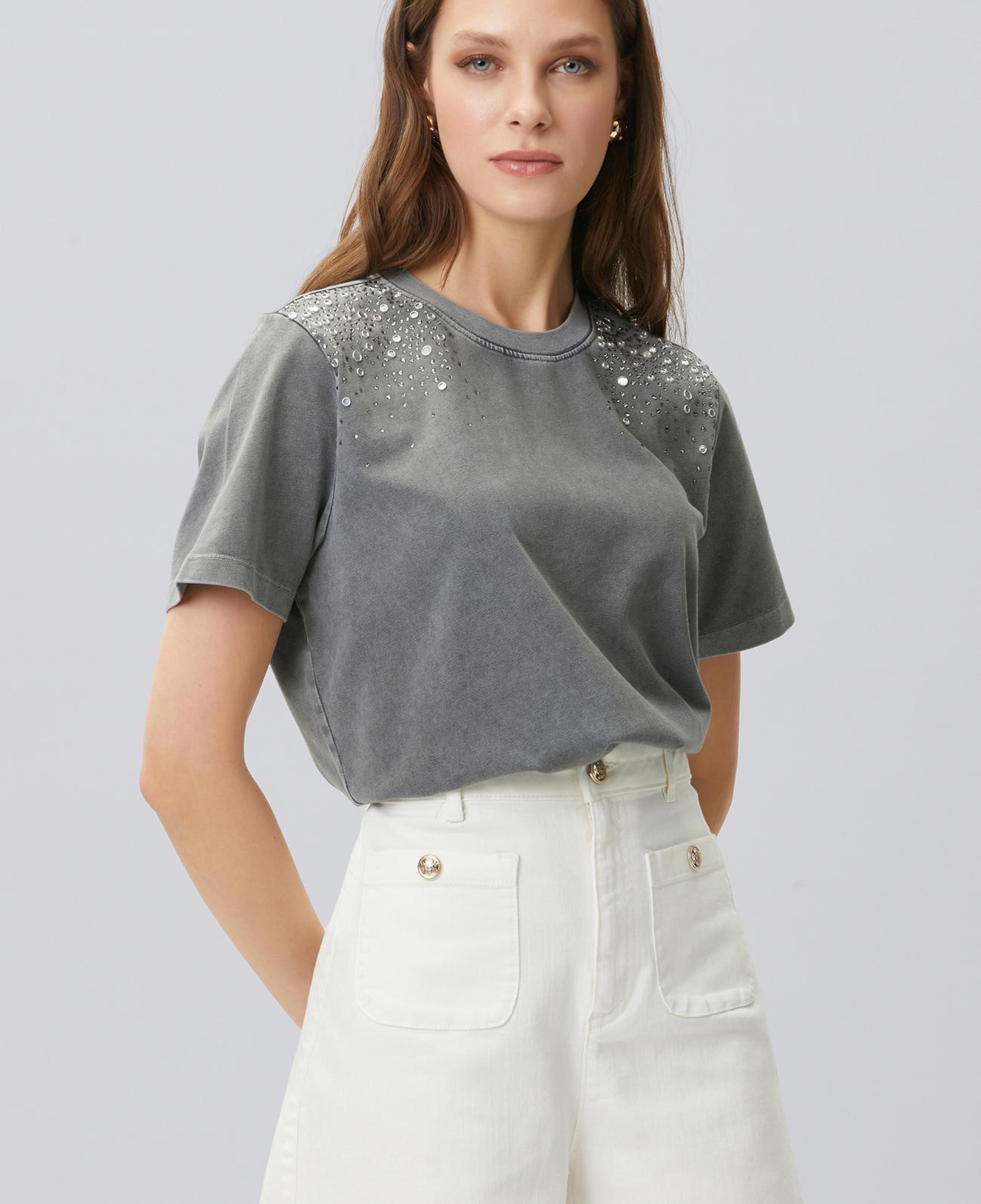 Network Kadın Antrasit Omuz Taş Baskılı T-shirt