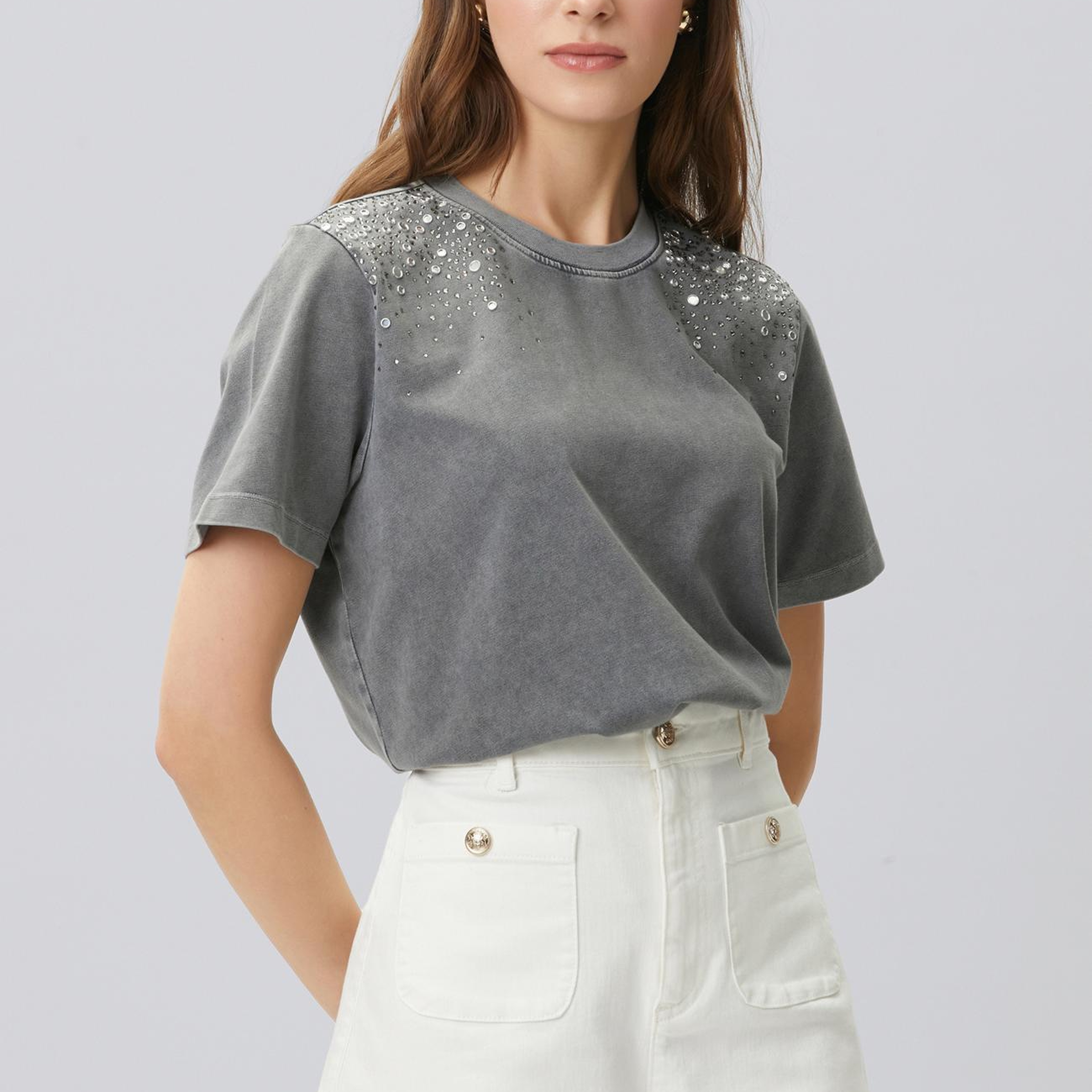 Network Kadın Antrasit Omuz Taş Baskılı T-shirt