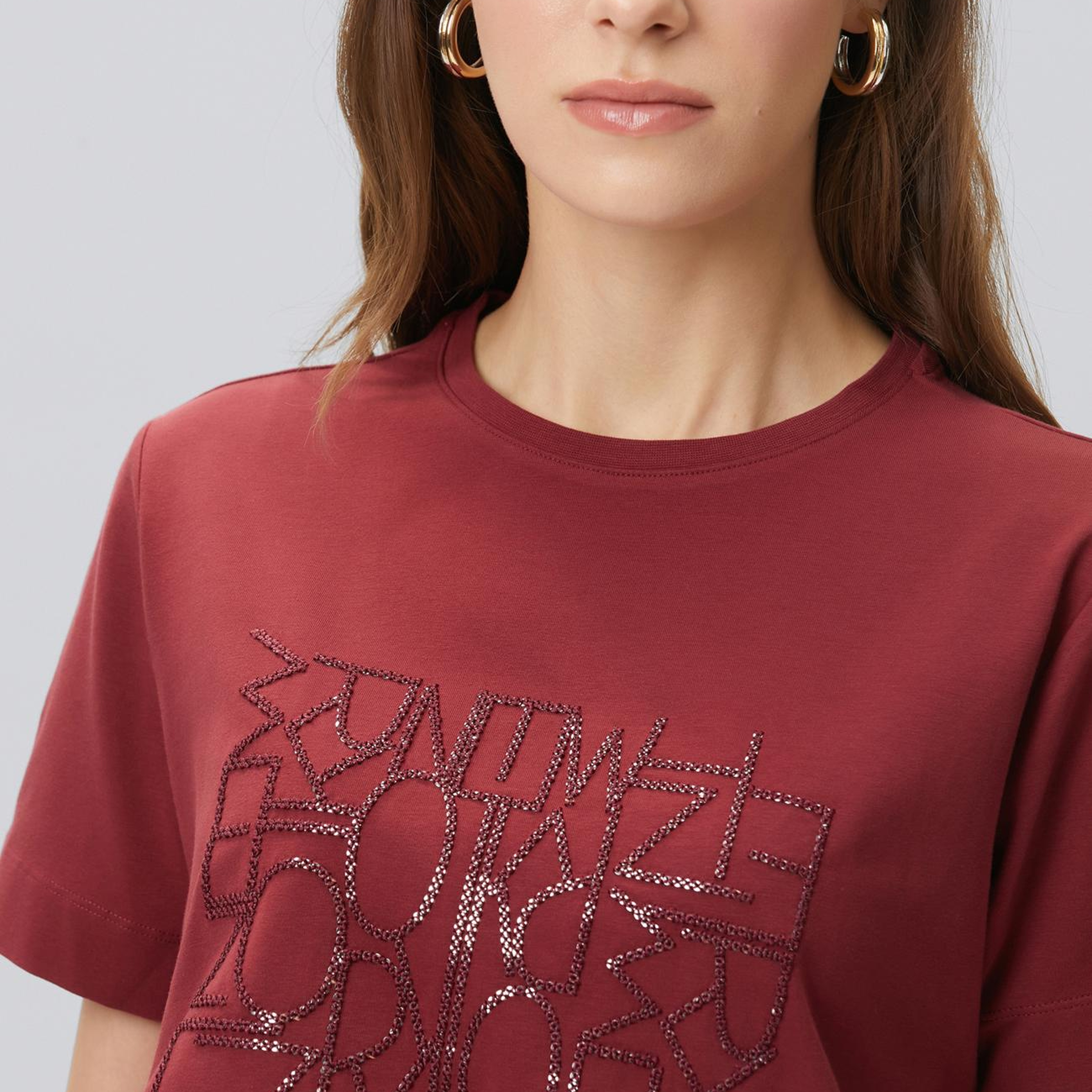 Network Kadın Vişne Nakış Detaylı T-shirt