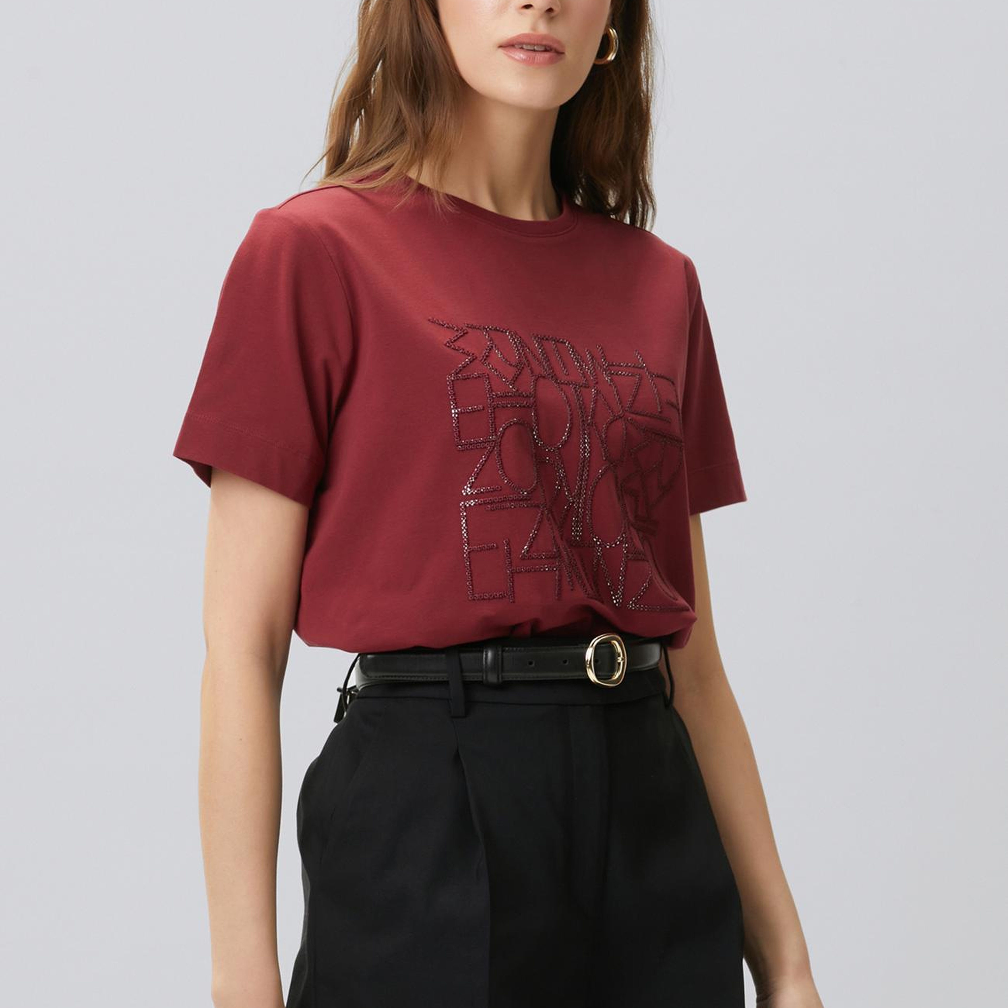 Network Kadın Vişne Nakış Detaylı T-shirt
