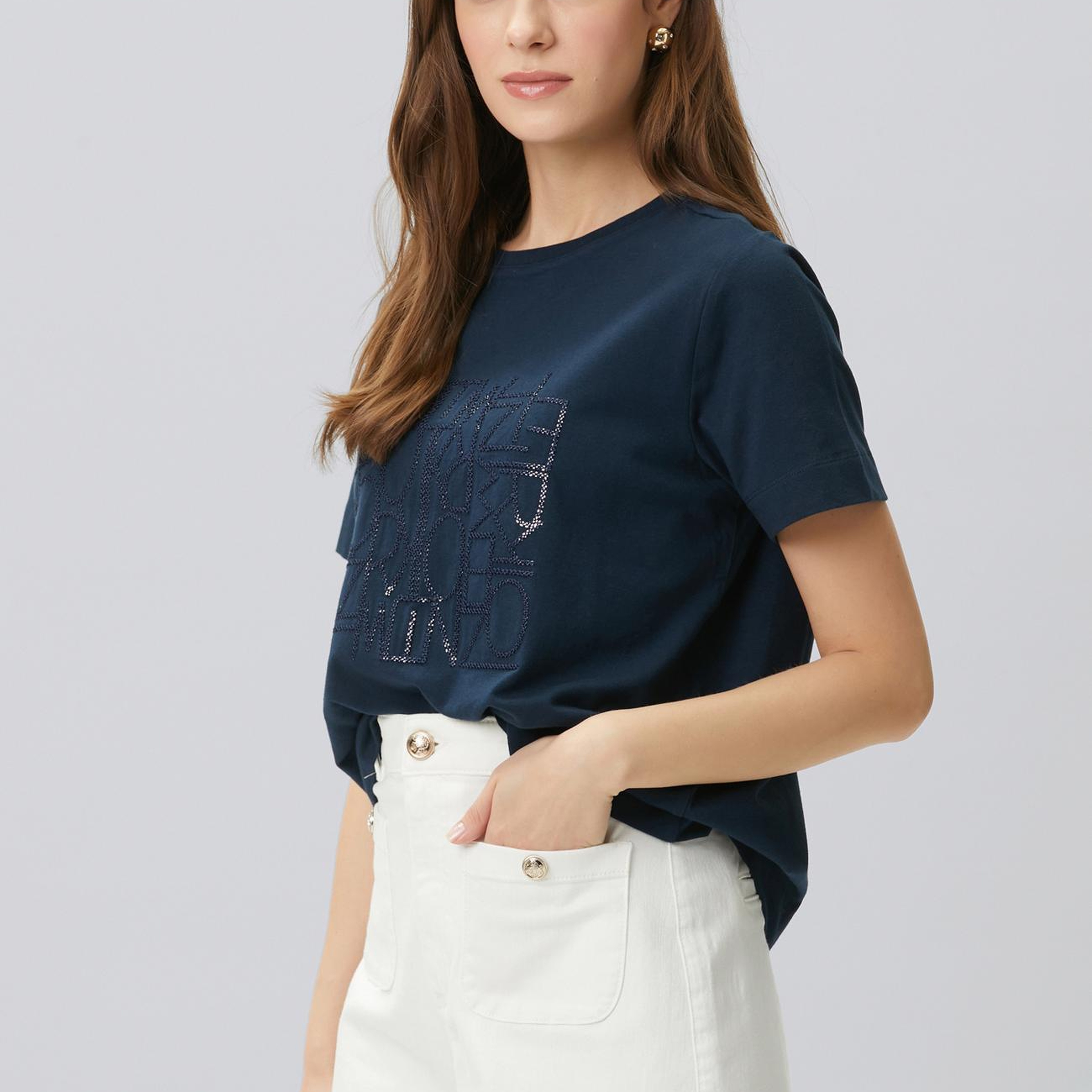Network Kadın Lacivert Nakış Detaylı T-shirt
