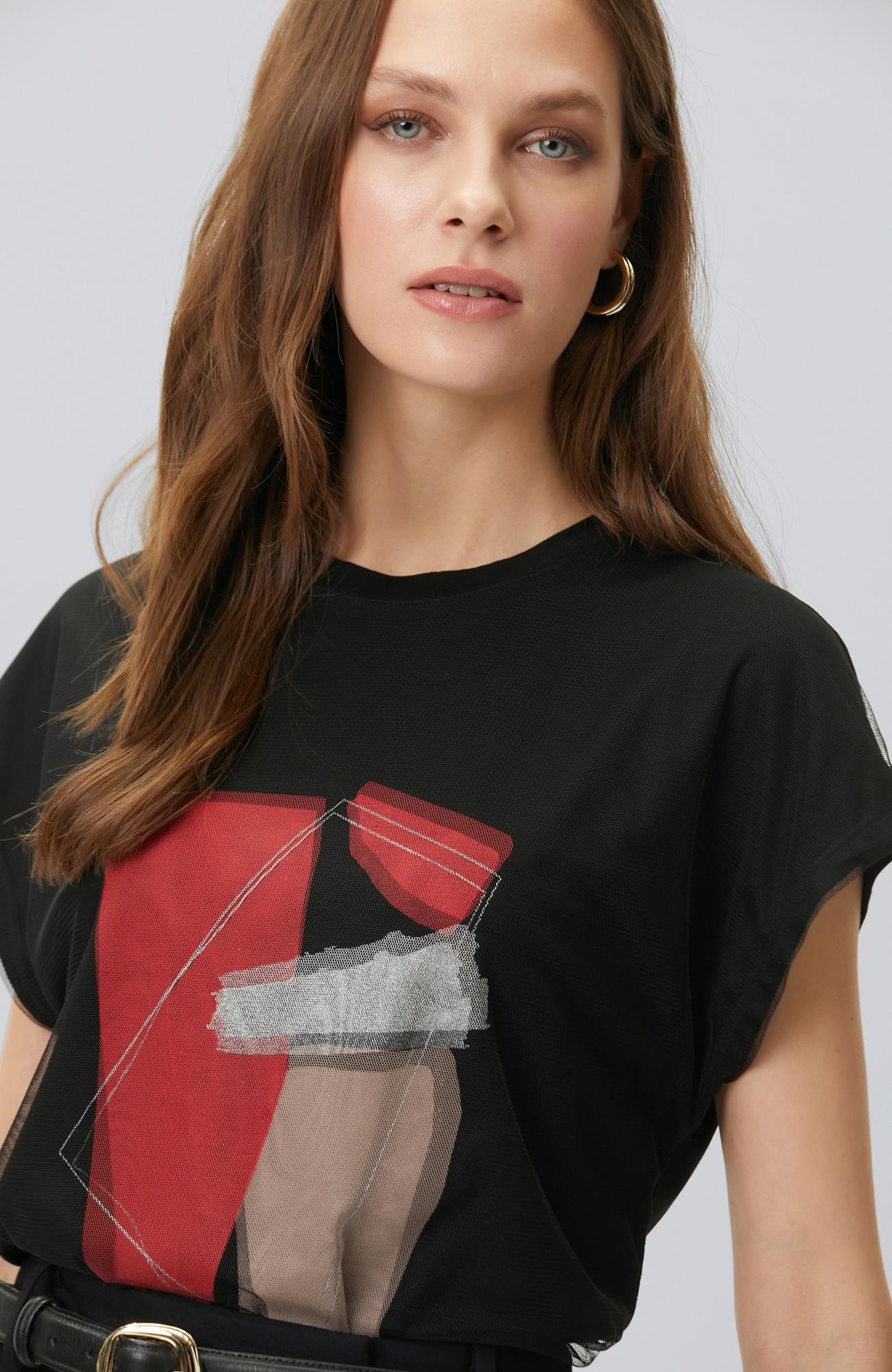 Network Kadın Siyah Tül Garnili Baskılı T-shirt
