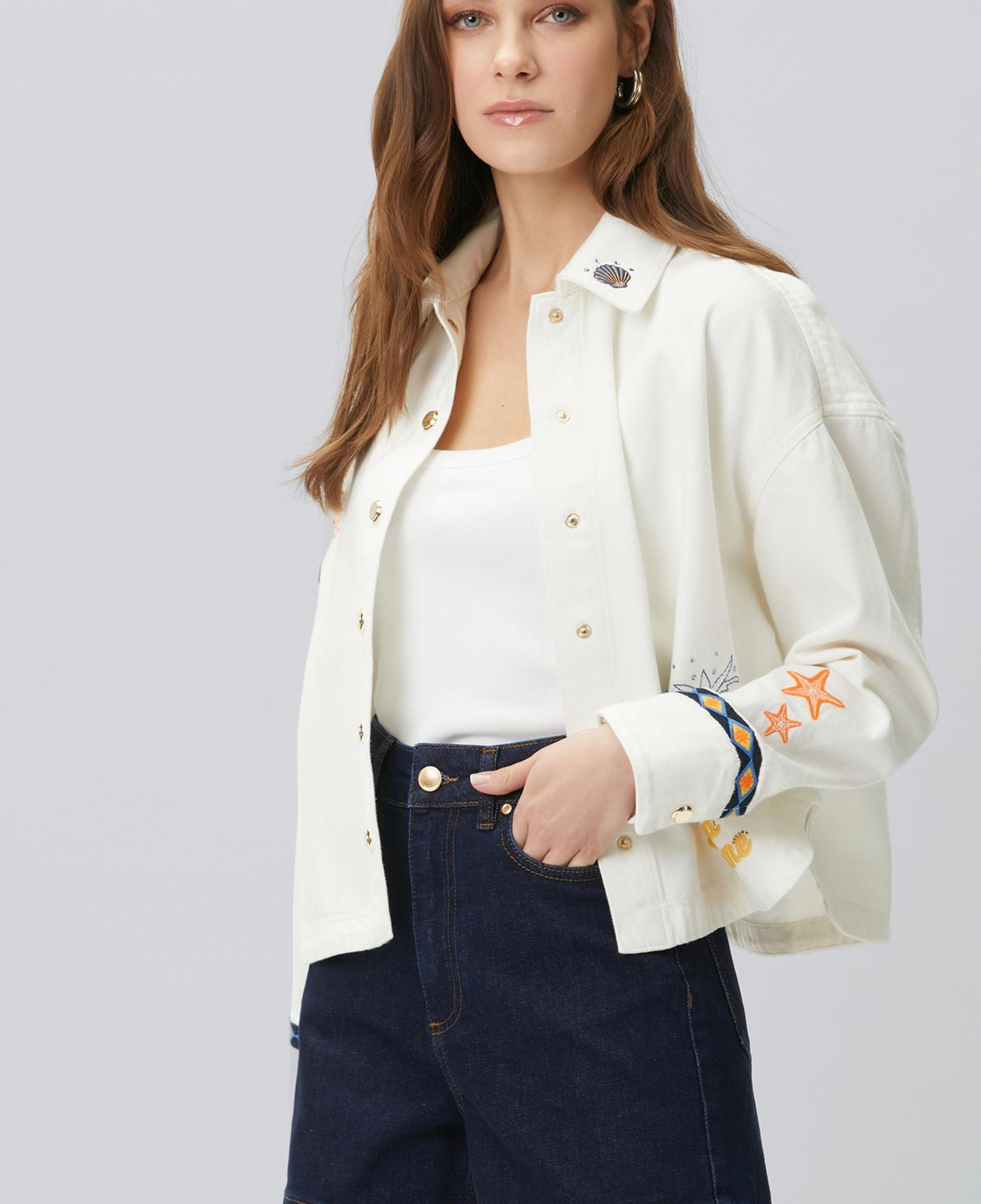 Network Kadın Beyaz Nakış ve Artwork Detaylı Denim Mont