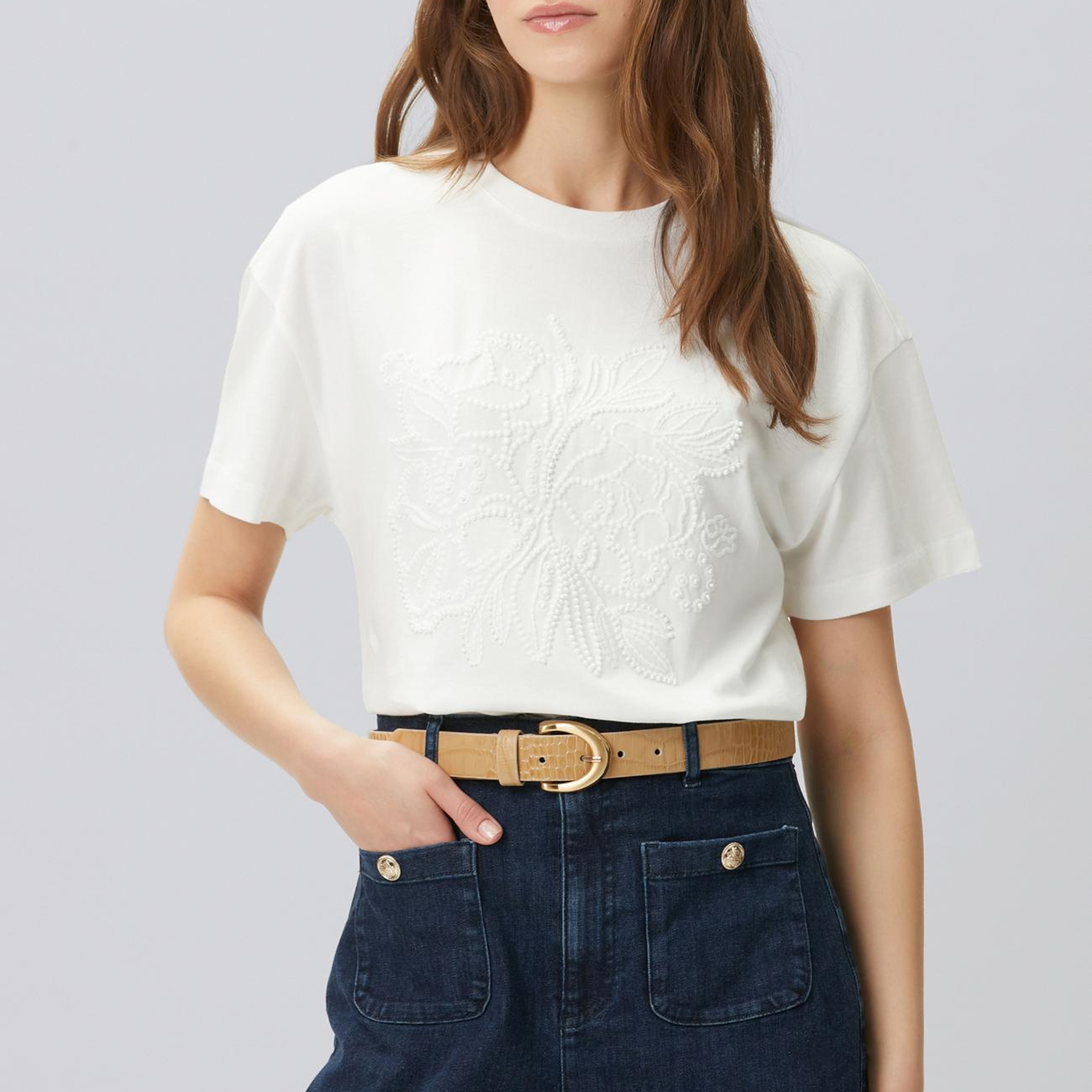 Network Kadın Kırık Beyaz Boncuk İşleme Detaylı T-shirt