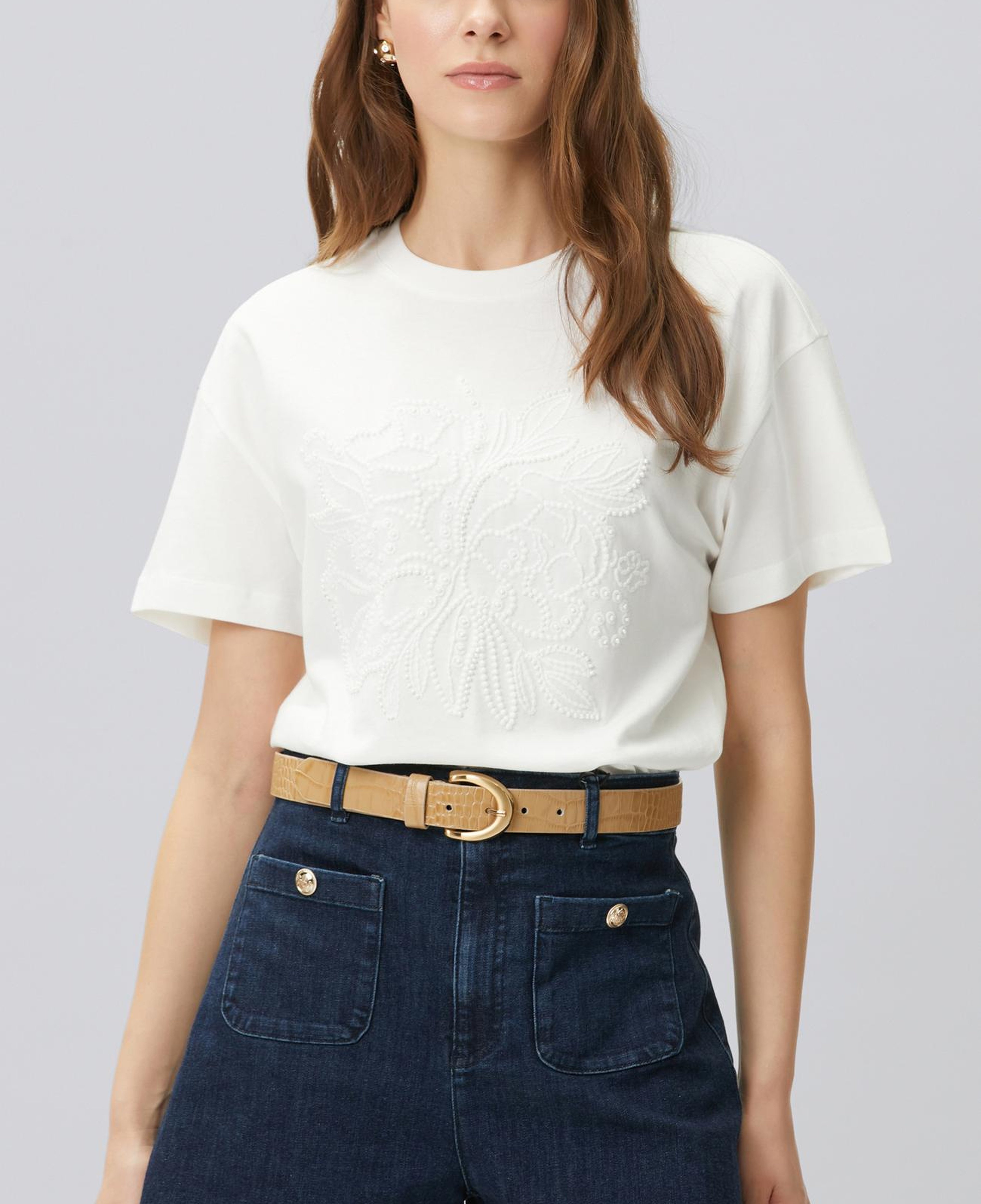 Network Kadın Kırık Beyaz Boncuk İşleme Detaylı T-shirt