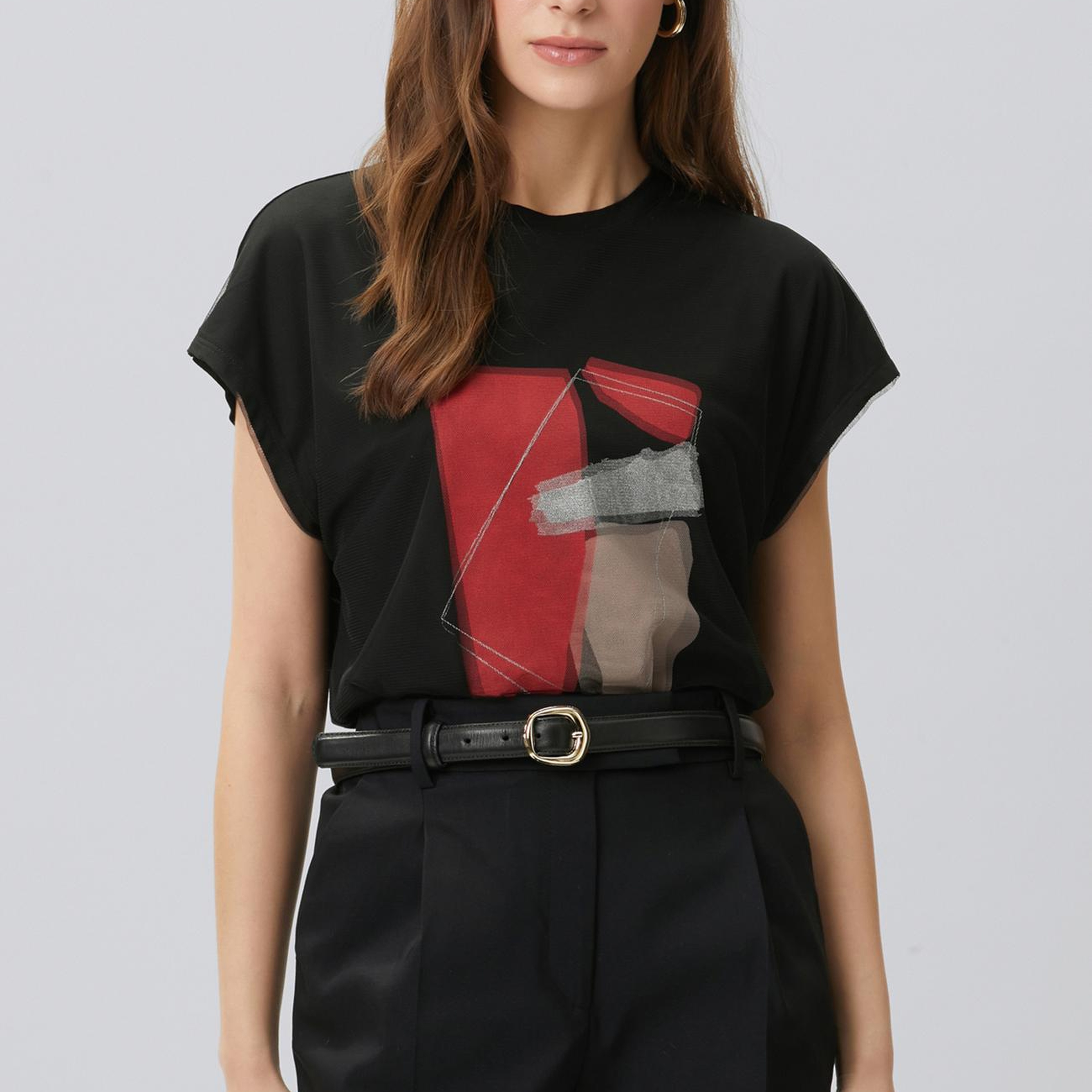 Network Kadın Siyah Tül Garnili Baskılı T-shirt