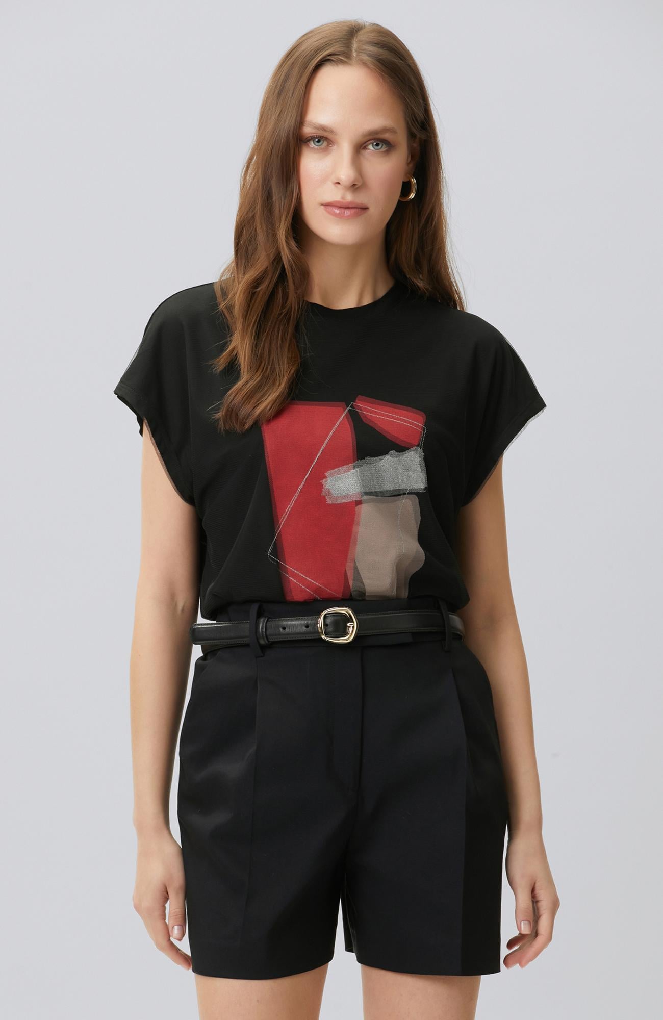 Network Kadın Siyah Tül Garnili Baskılı T-shirt