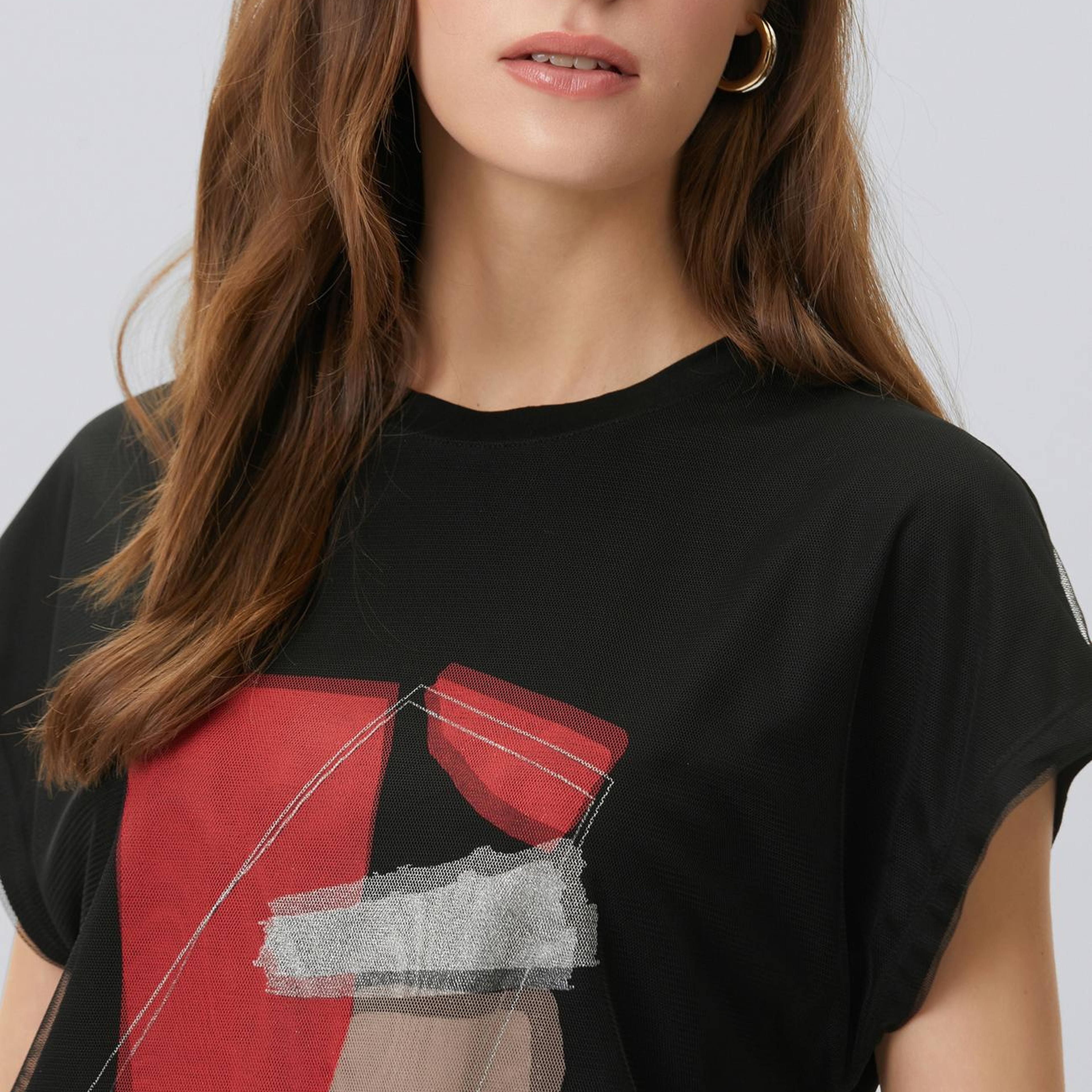 Network Kadın Siyah Tül Garnili Baskılı T-shirt