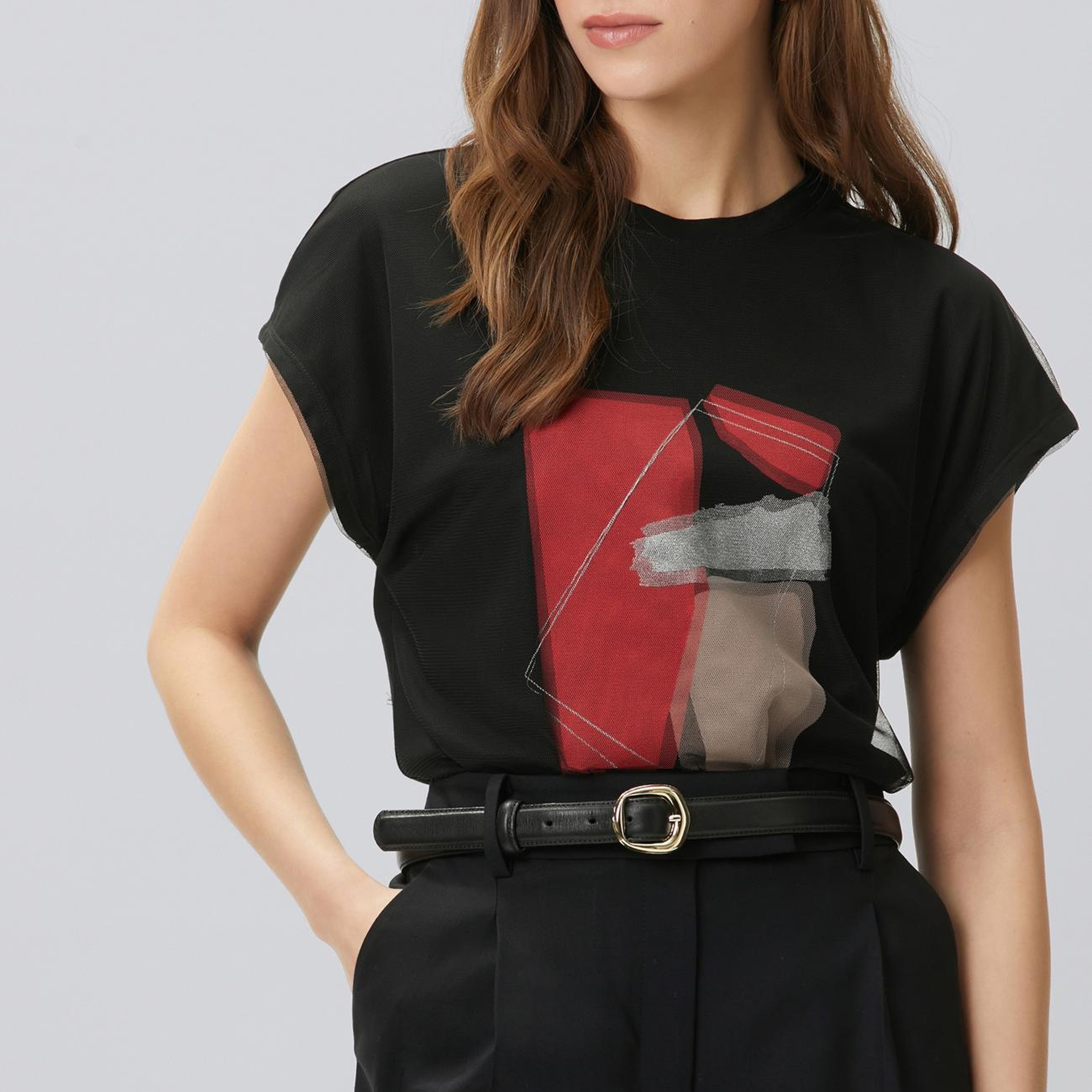 Network Kadın Siyah Tül Garnili Baskılı T-shirt