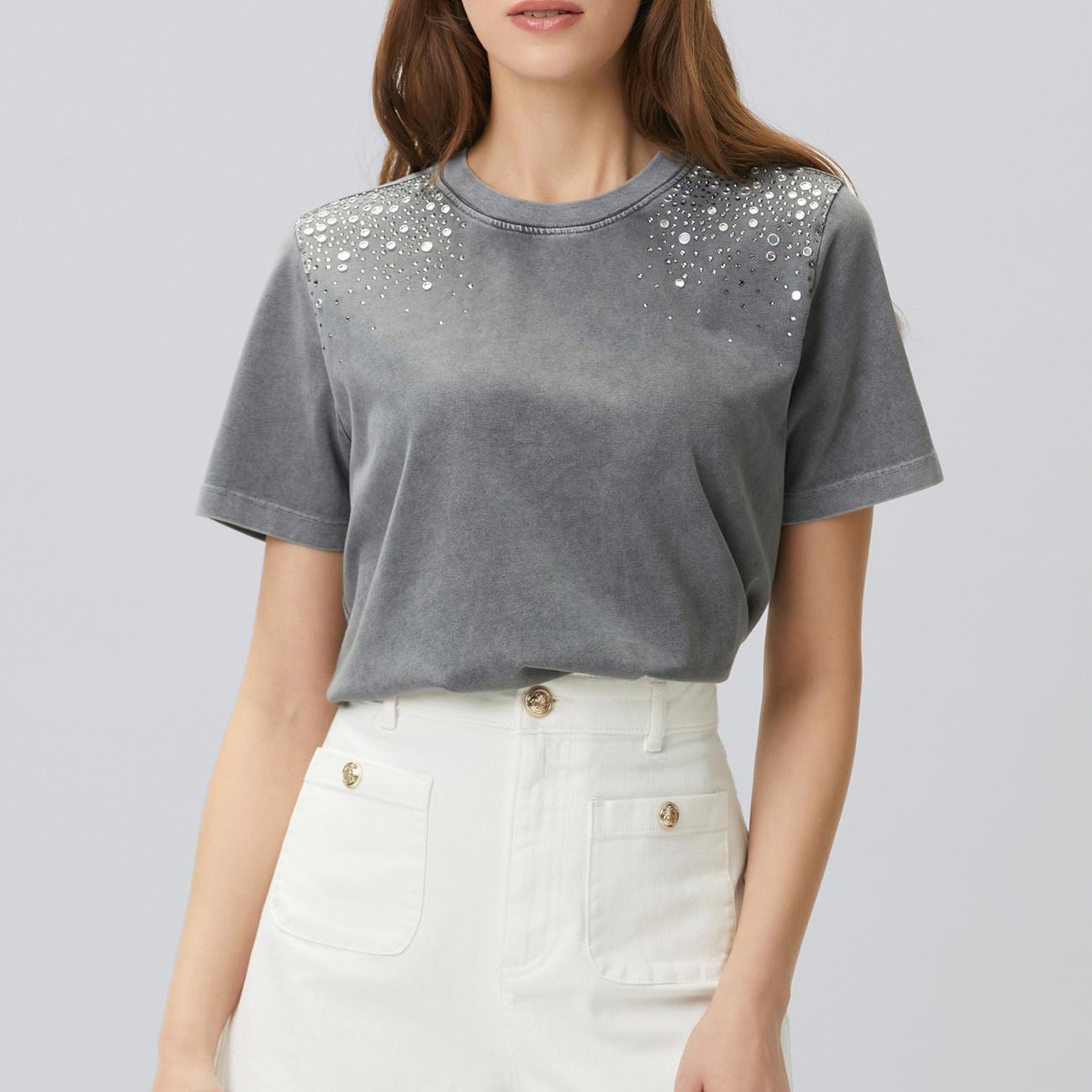 Network Kadın Antrasit Omuz Taş Baskılı T-shirt