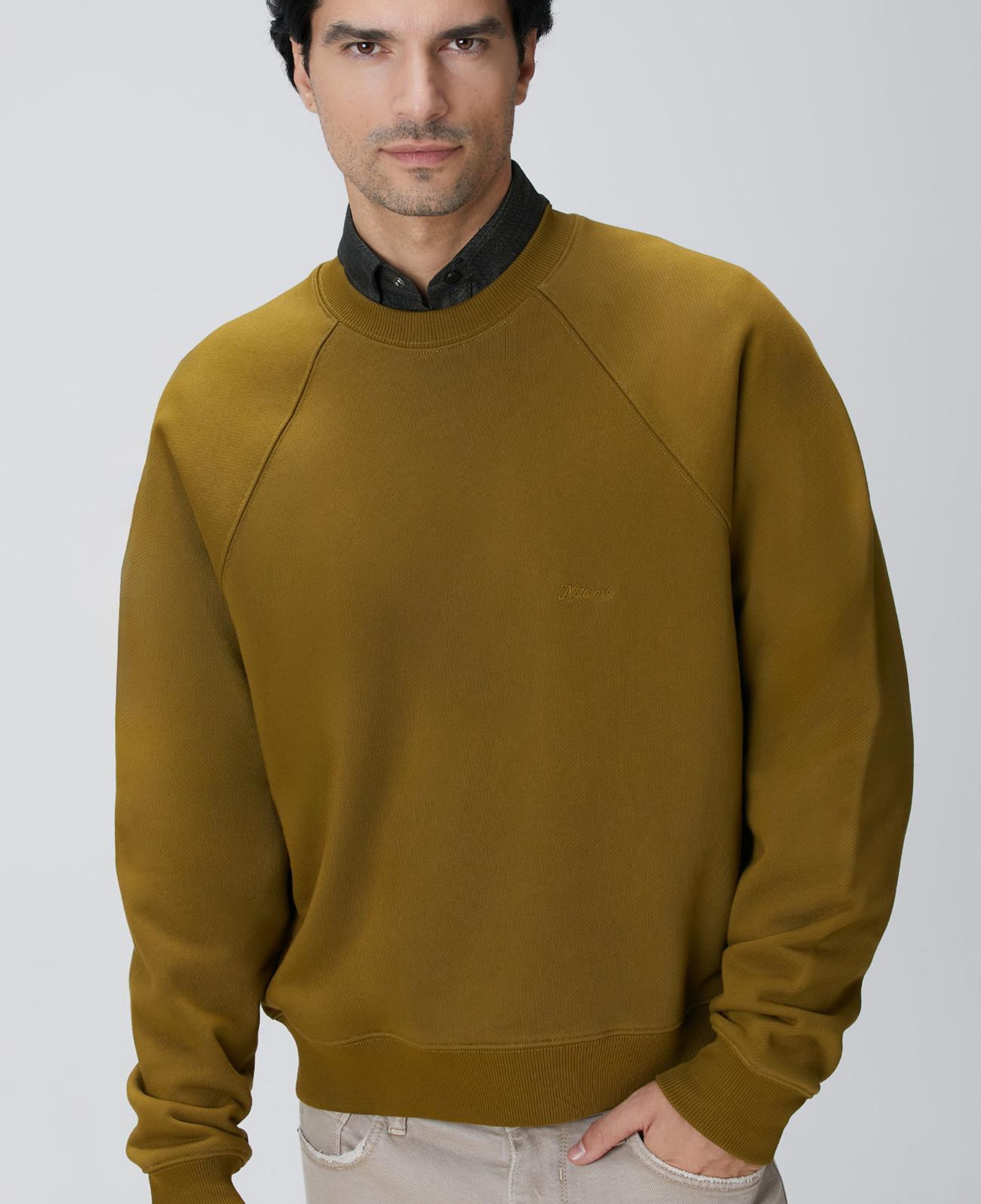 Network Erkek Yağ Yeşili Nakış Detaylı Sweatshirt
