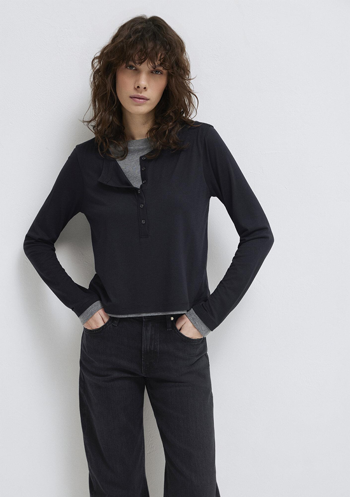 Mavi Yün Karışımlı Çift Katlı Siyah Uzun Kollu Tişört Semi Slim Fit / Yarı Dar Kesim 1613400-900