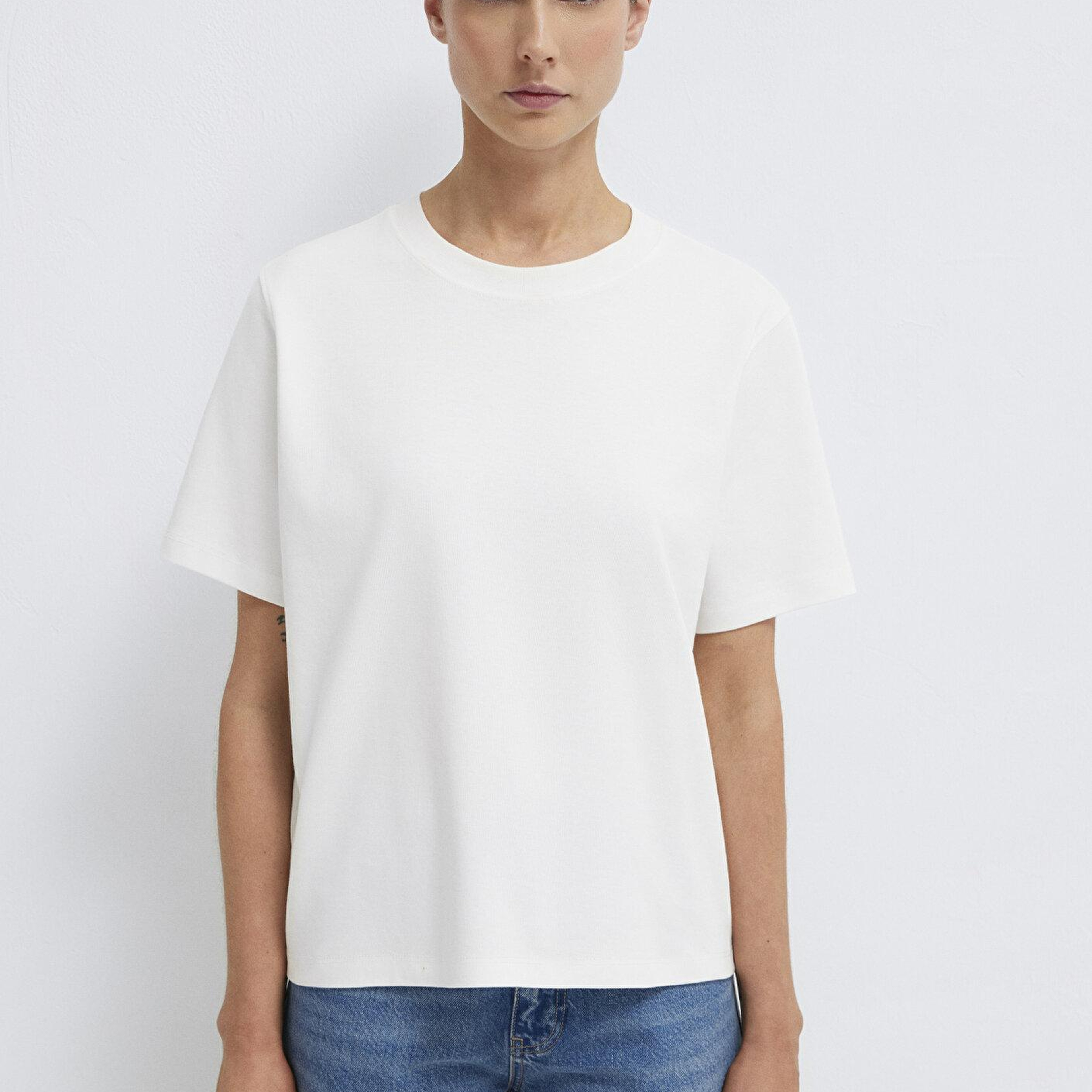 Mavi Ekru Basic İnterlok Tişört Loose Fit / Bol Rahat Kesim 1613820-70057