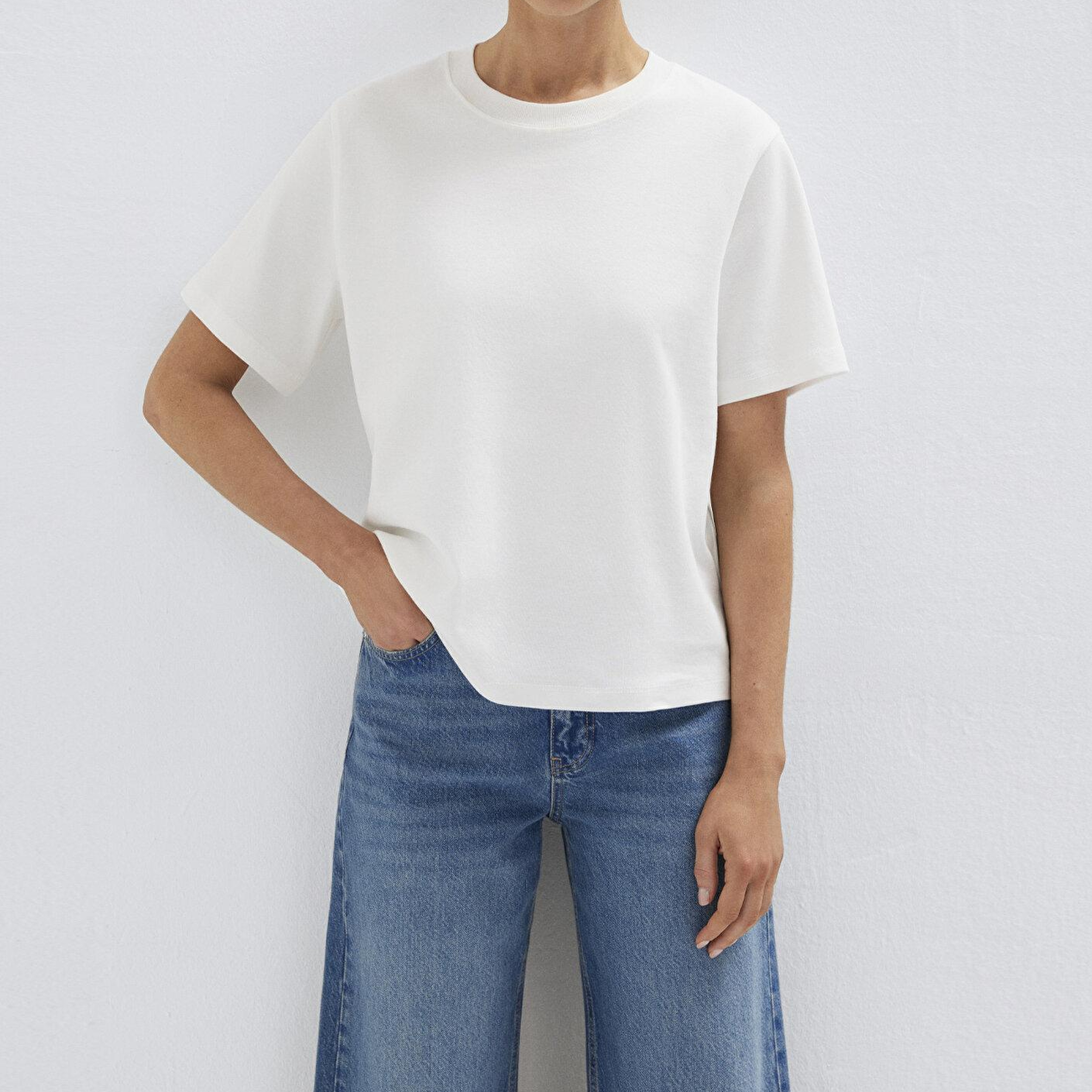 Mavi Ekru Basic İnterlok Tişört Loose Fit / Bol Rahat Kesim 1613820-70057
