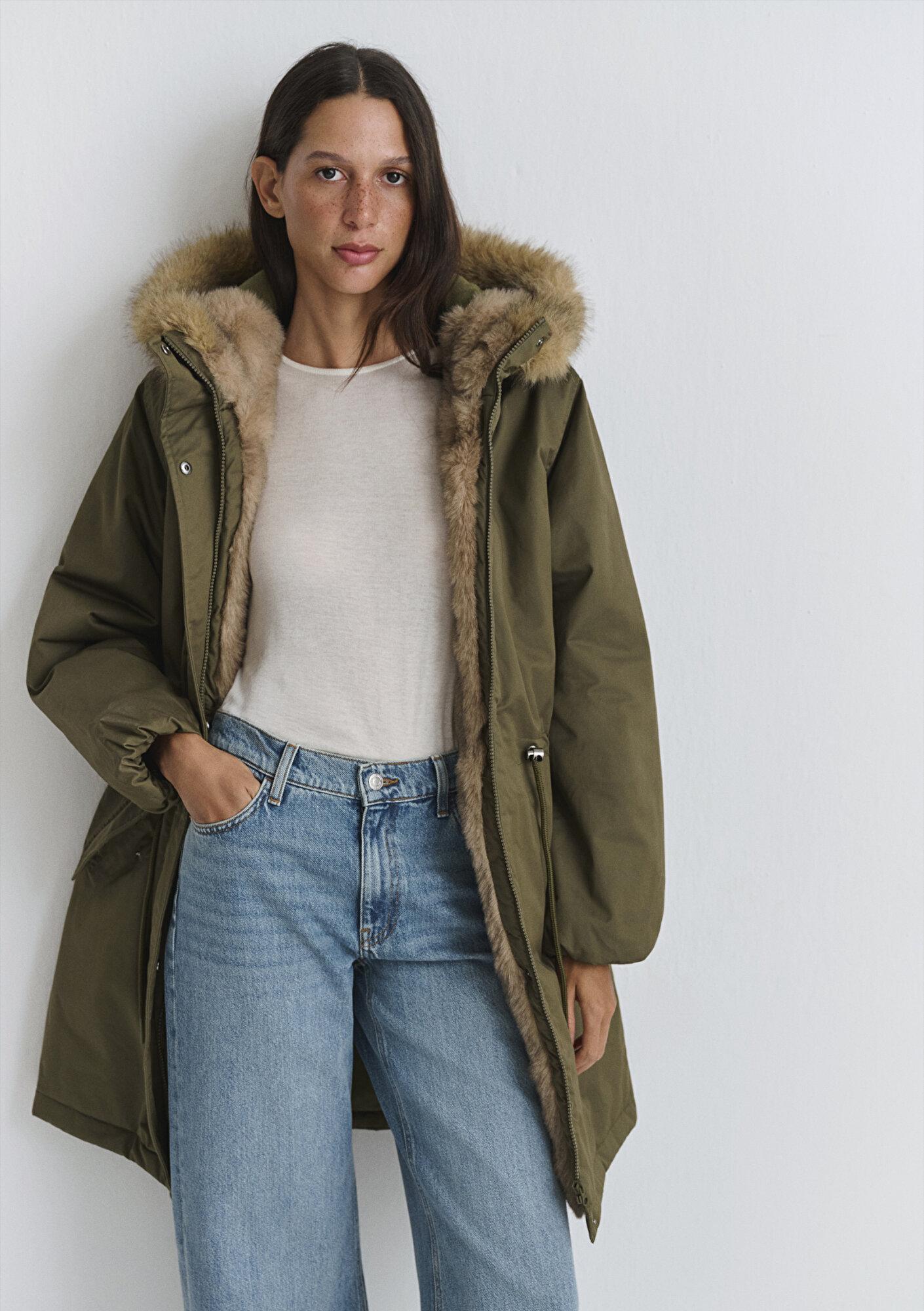 Mavi Suni Kürk Detaylı Yeşil Parka Loose Fit / Bol Rahat Kesim 1110786-71549