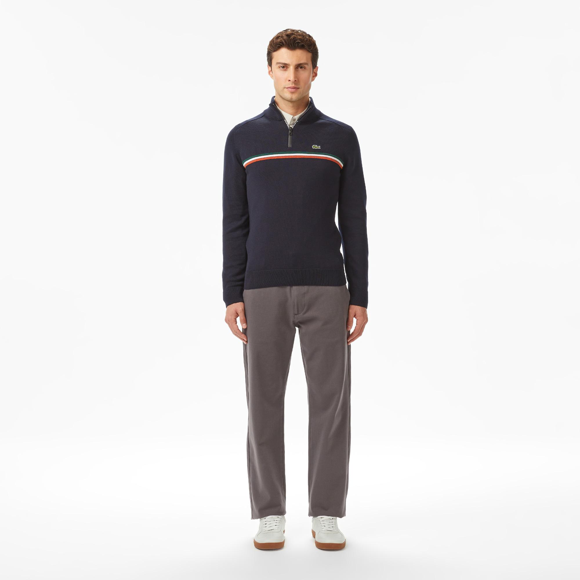 Lacoste Erkek Classic Fit Yarım Fermuarlı Çizgili Lacivert Kazak