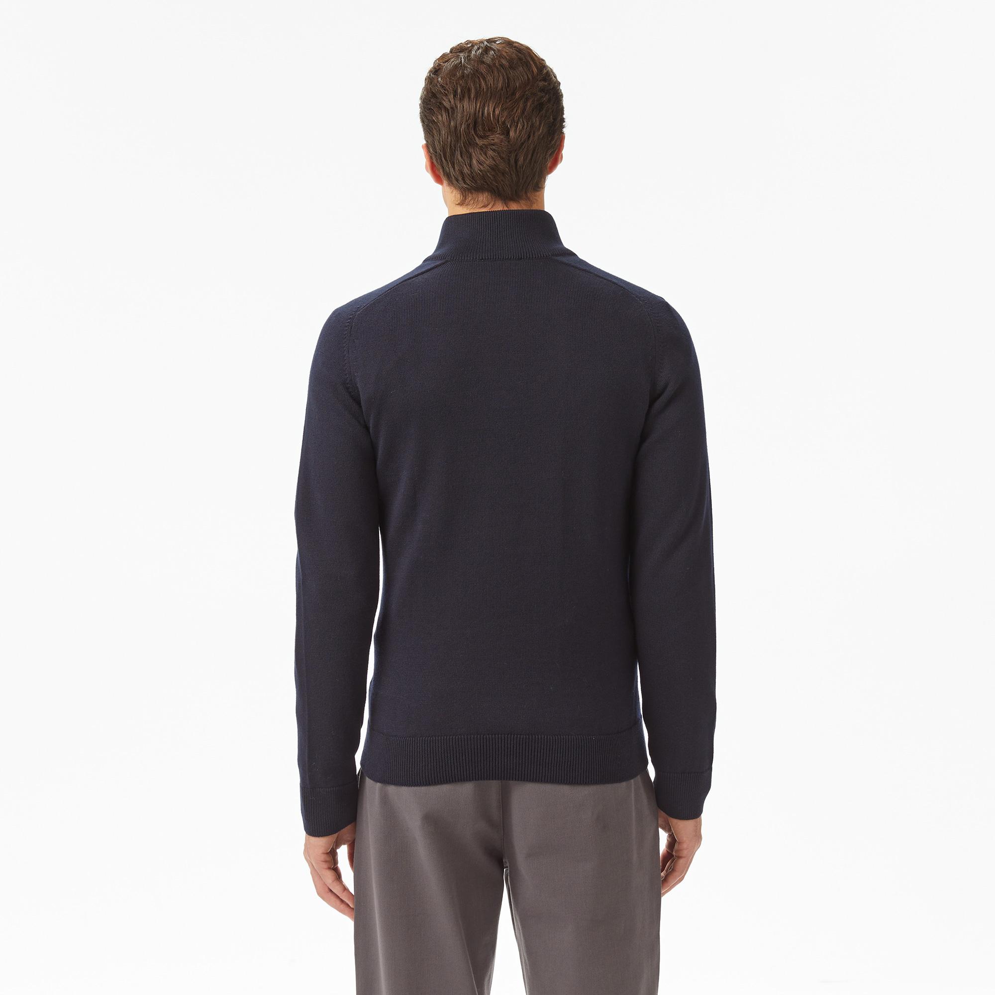 Lacoste Erkek Classic Fit Yarım Fermuarlı Çizgili Lacivert Kazak