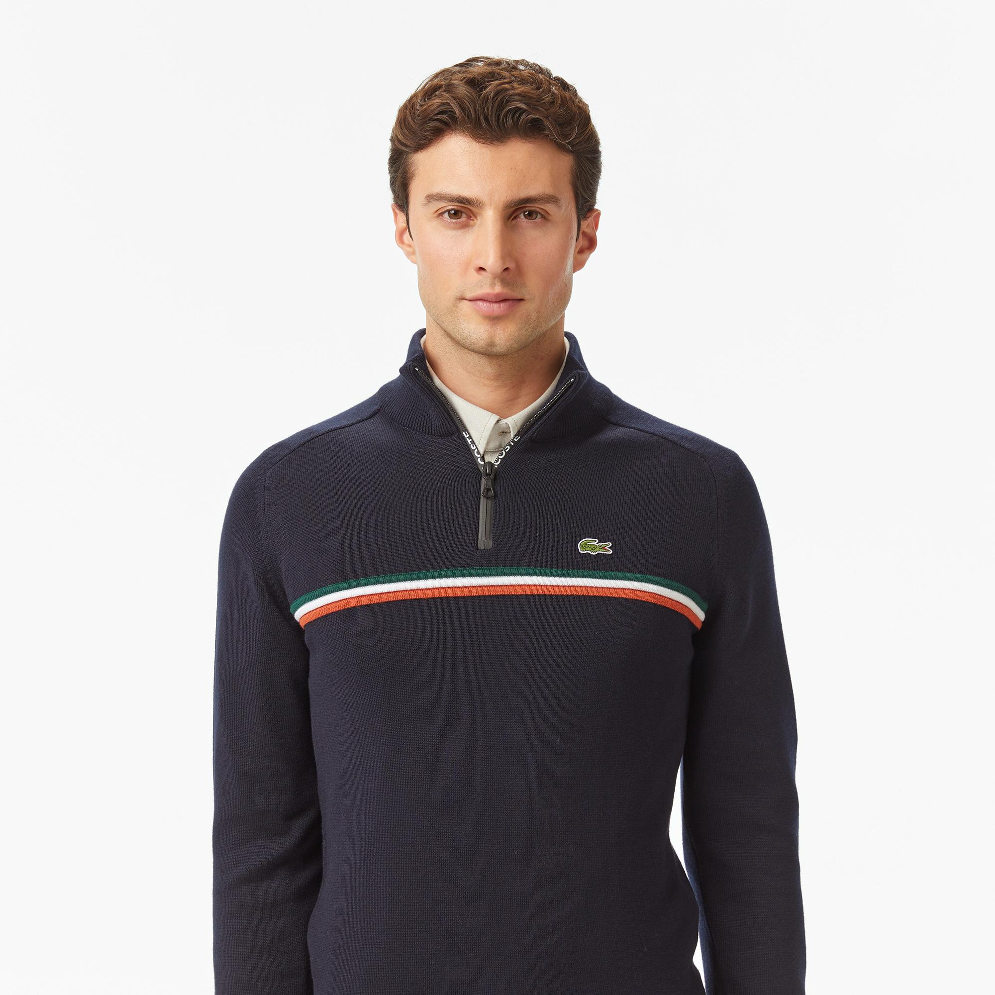 Lacoste Erkek Classic Fit Yarım Fermuarlı Çizgili Lacivert Kazak
