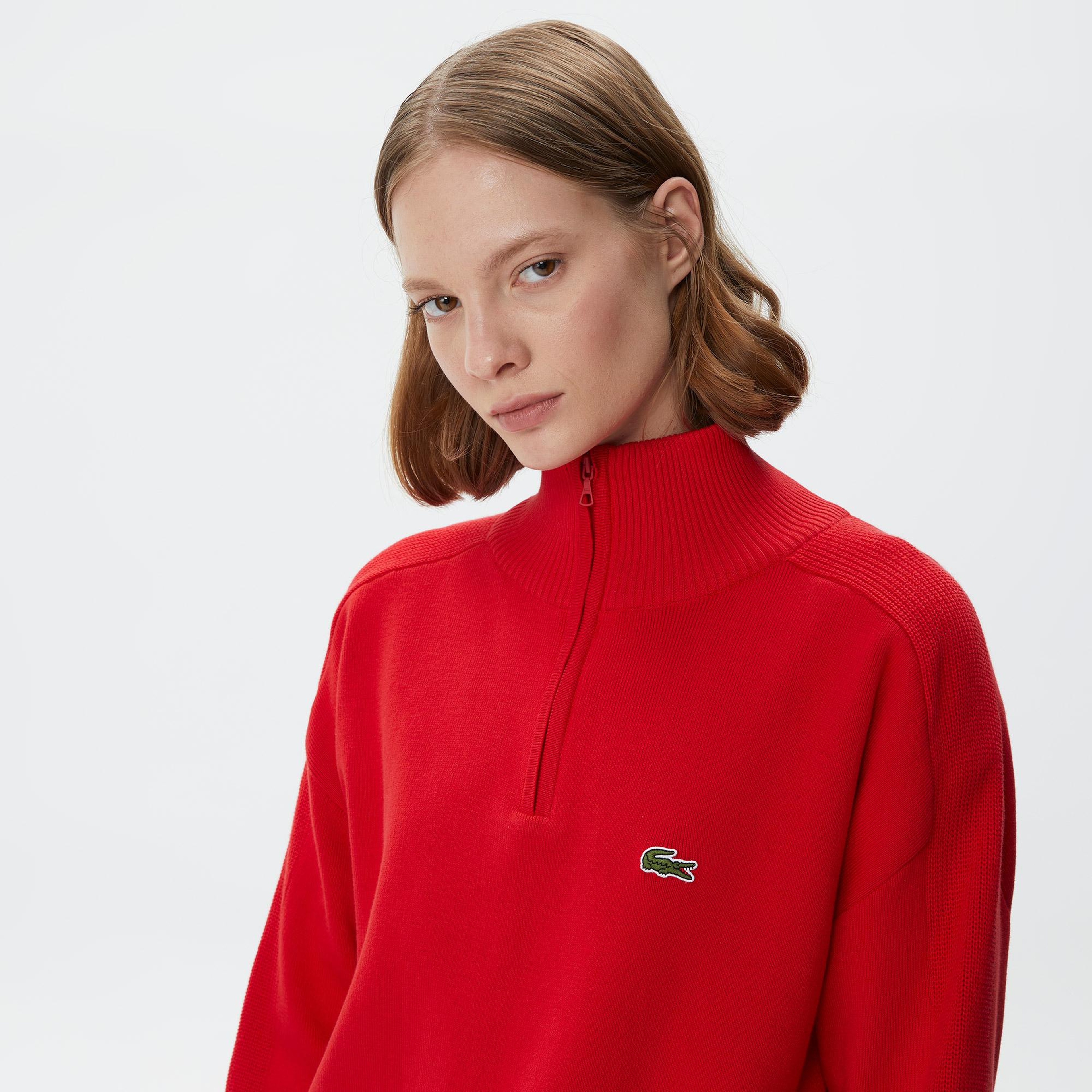 Lacoste Kadın Relaxed Fit Yarım Fermuarlı Kırmızı Triko