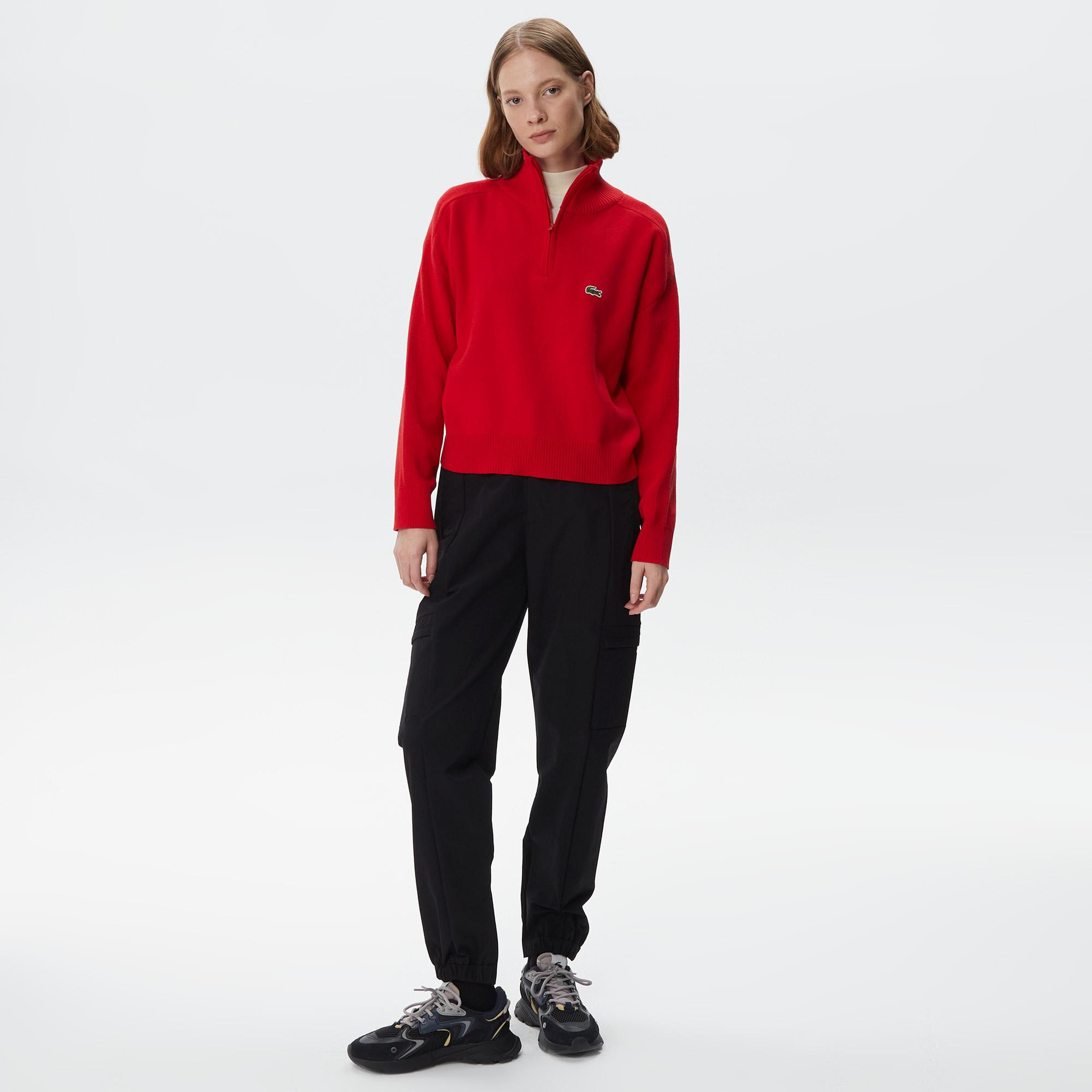 Lacoste Kadın Relaxed Fit Yarım Fermuarlı Kırmızı Triko