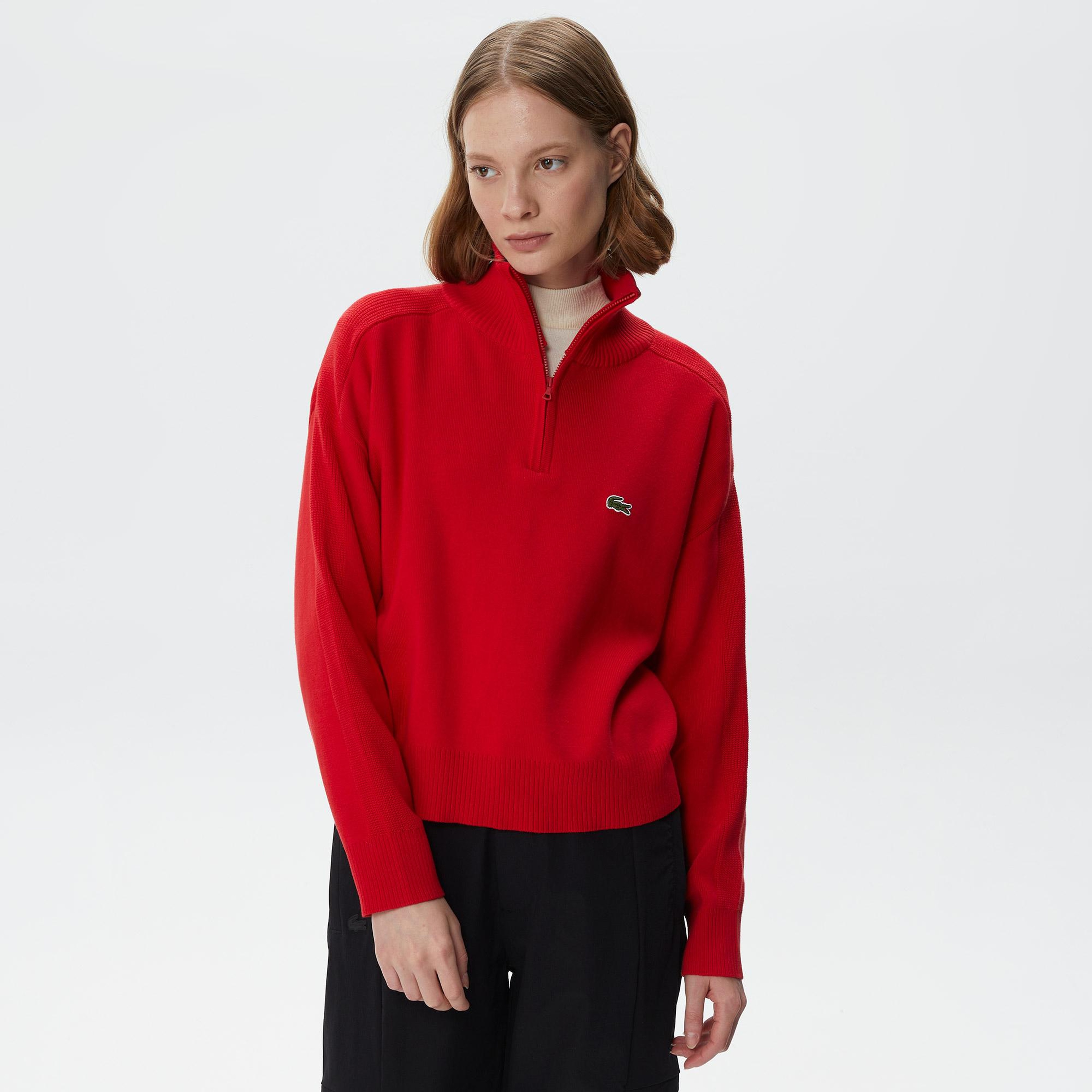 Lacoste Kadın Relaxed Fit Yarım Fermuarlı Kırmızı Triko