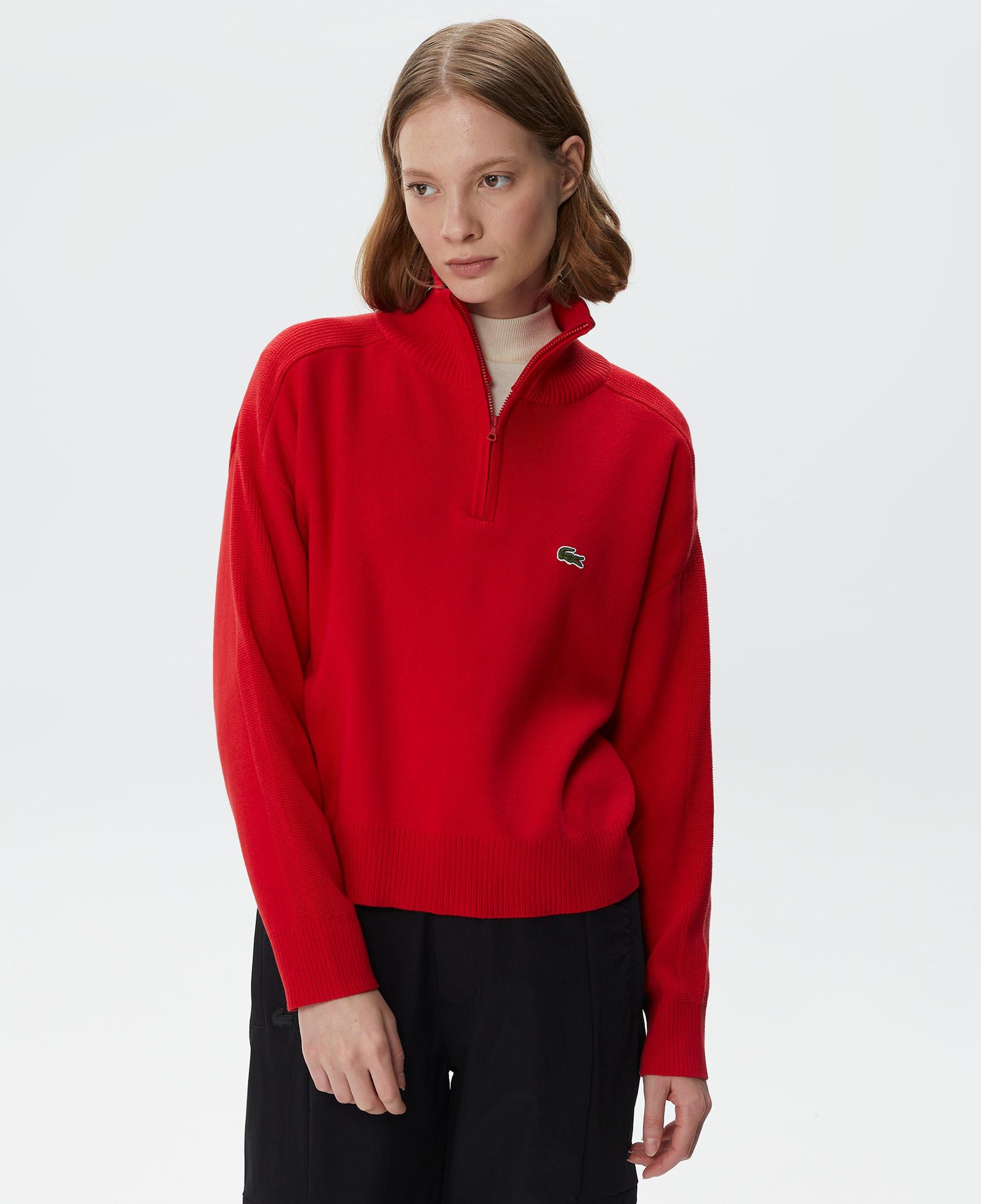 Lacoste Kadın Relaxed Fit Yarım Fermuarlı Kırmızı Triko